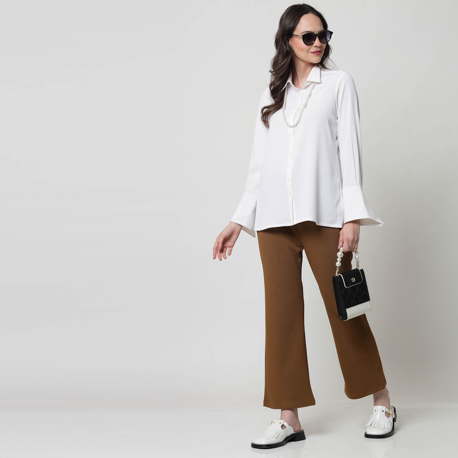 White Texture Shirt With Overlap Cuff,womens formal shirts	
cotton shirts for women	
Ofiice shirts for women	