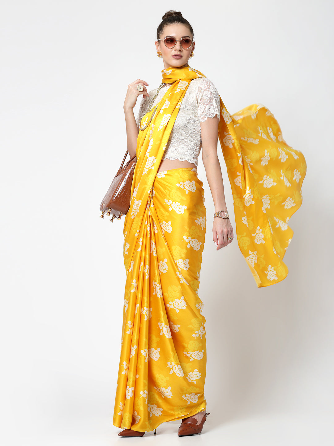 Yellow Floral Print Saree, Professional Sarees for Women - Traditional Workwear Elegance