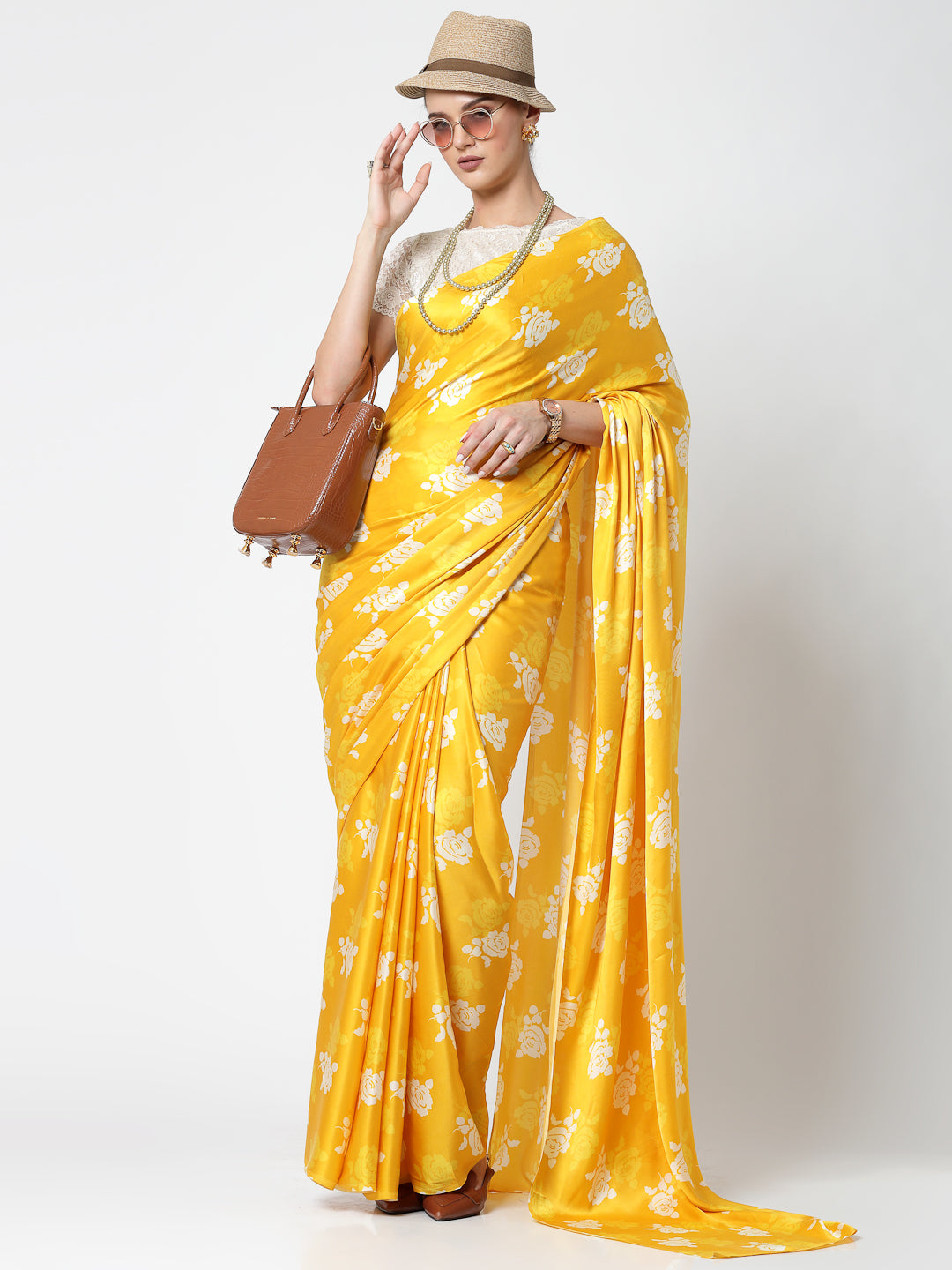 Yellow Floral Print Saree, Professional Sarees for Women - Traditional Workwear Elegance