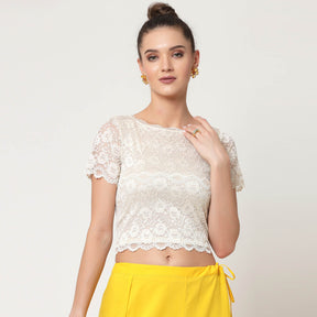 Off White Lace Boat Neck Blouse