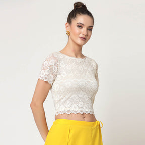 Off White Lace Boat Neck Blouse