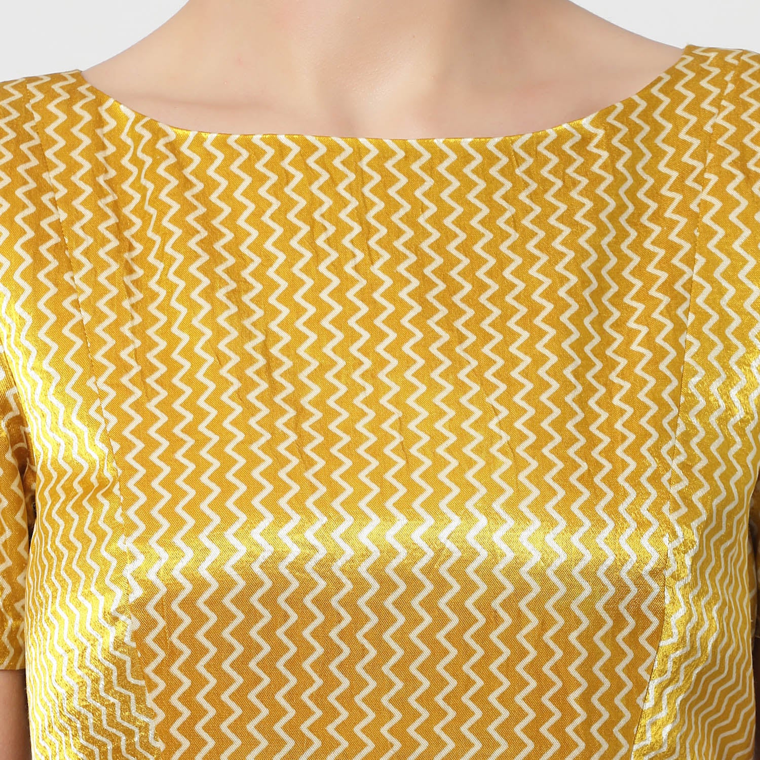 Yellow & White Printed Blouse With White Buttons
