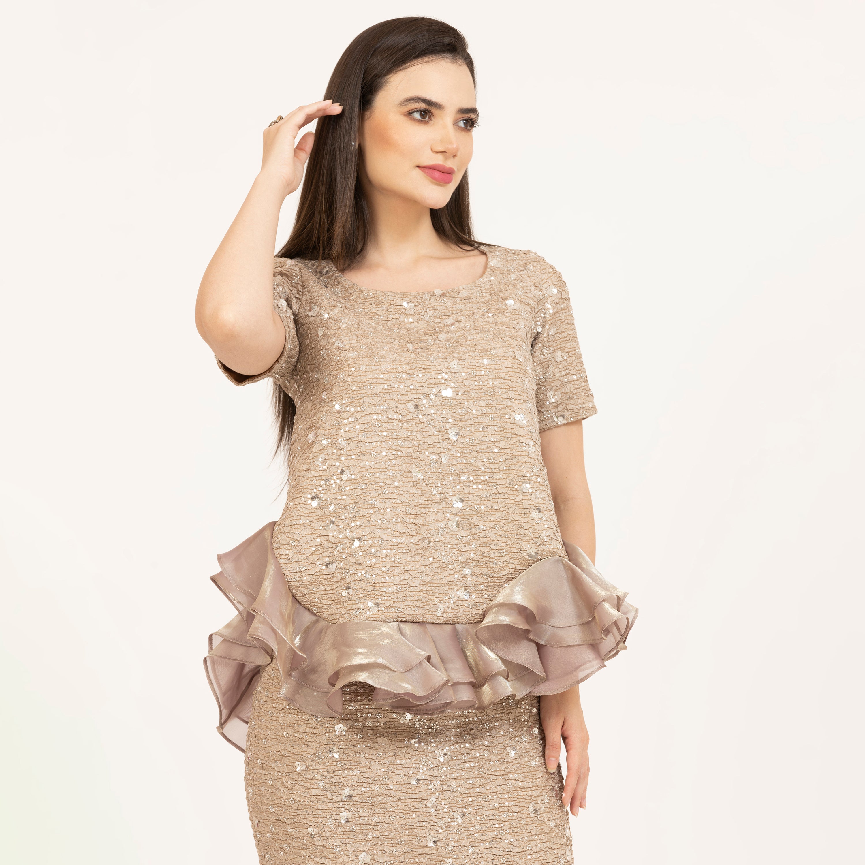 Beige Embroidered Peplum Top With Satin Organza