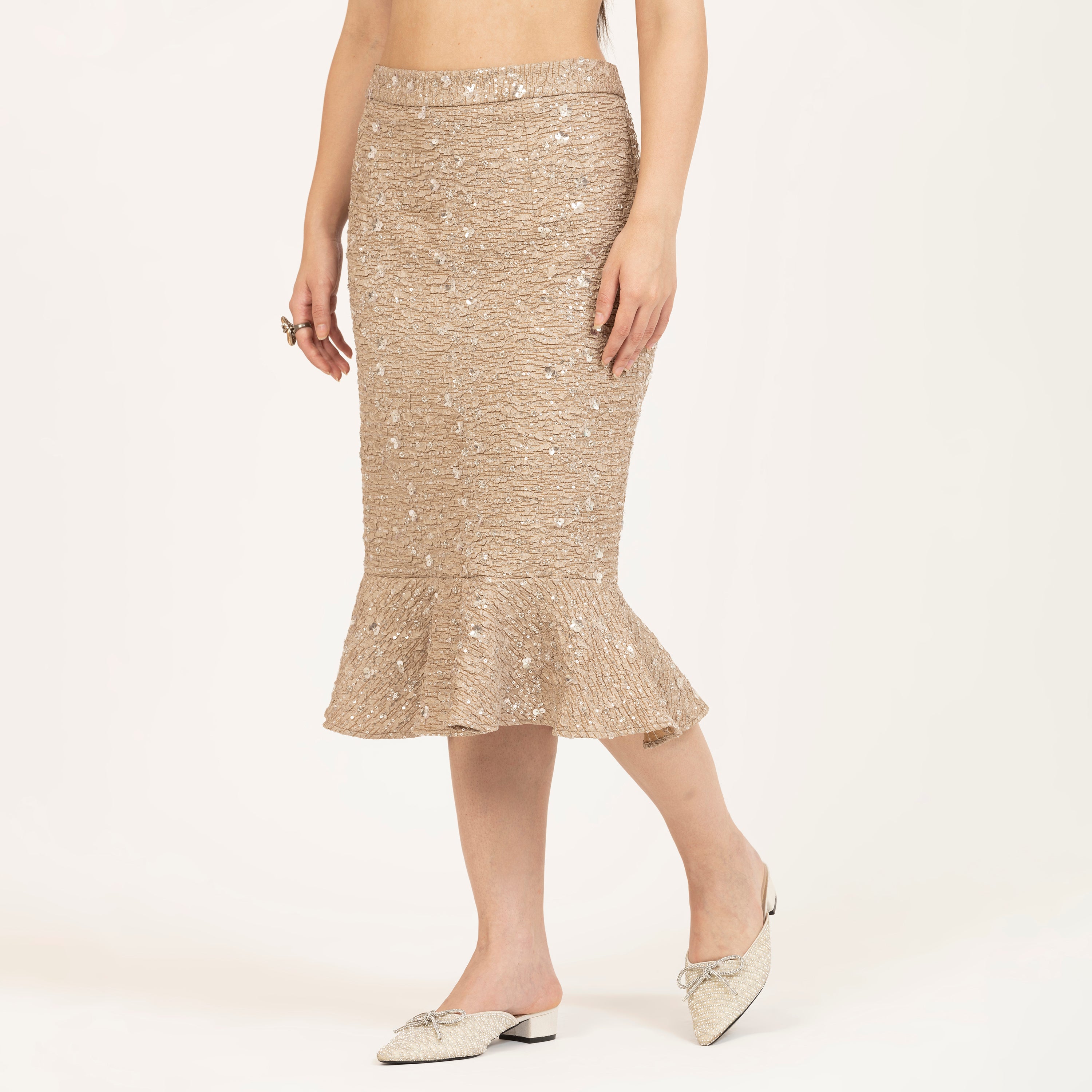 Beige Embroidered Fish Cut Skirt