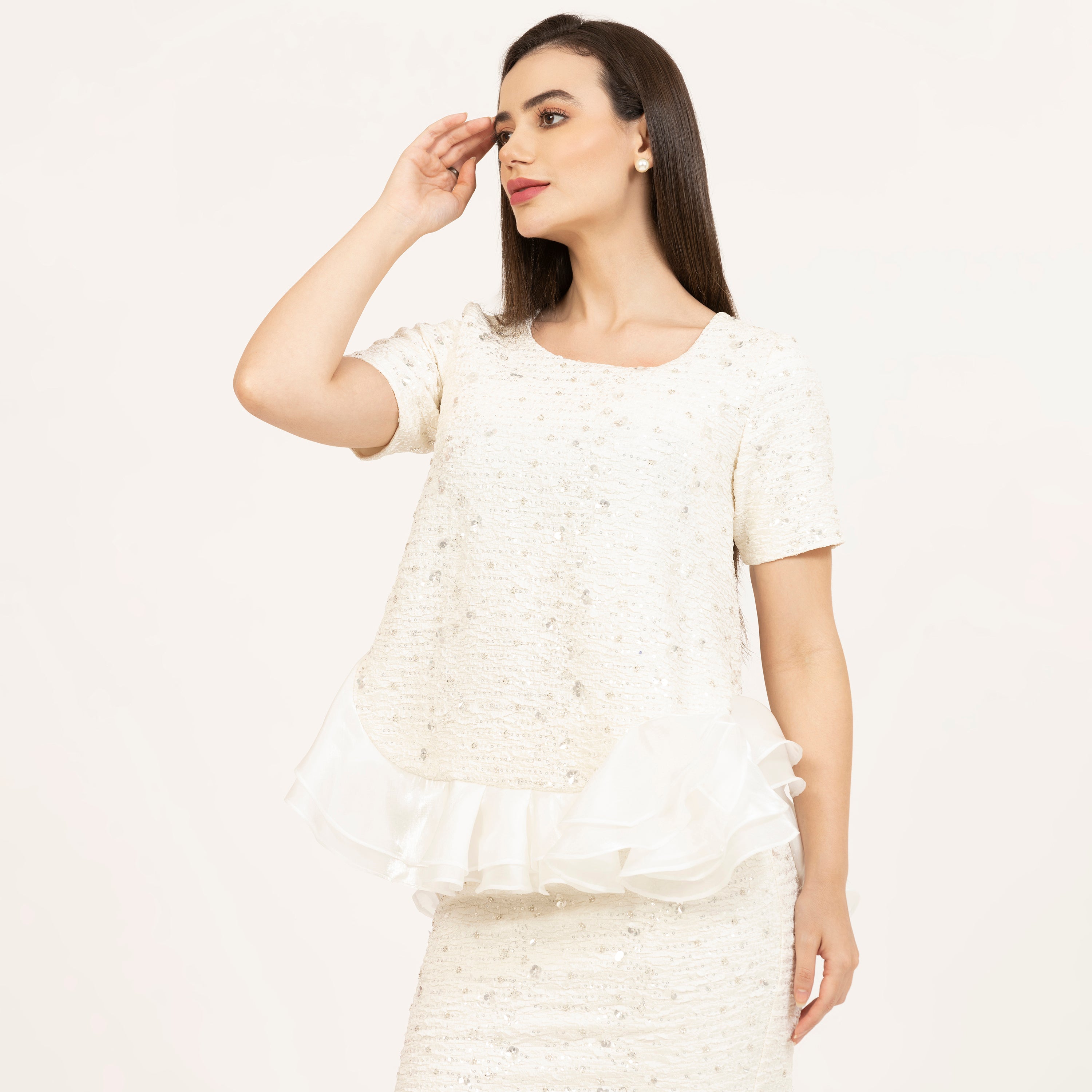 Off White Embroidered Peplum Top With Satin Organza