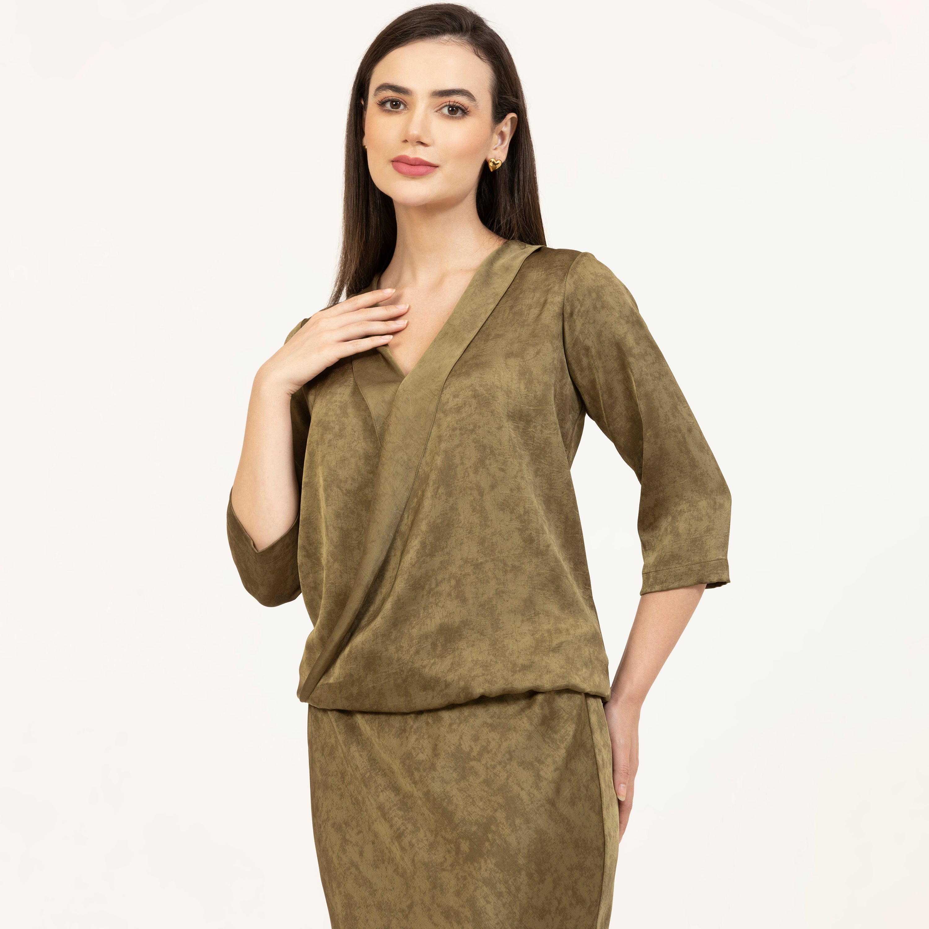 Olive Green Satin Wrap Top