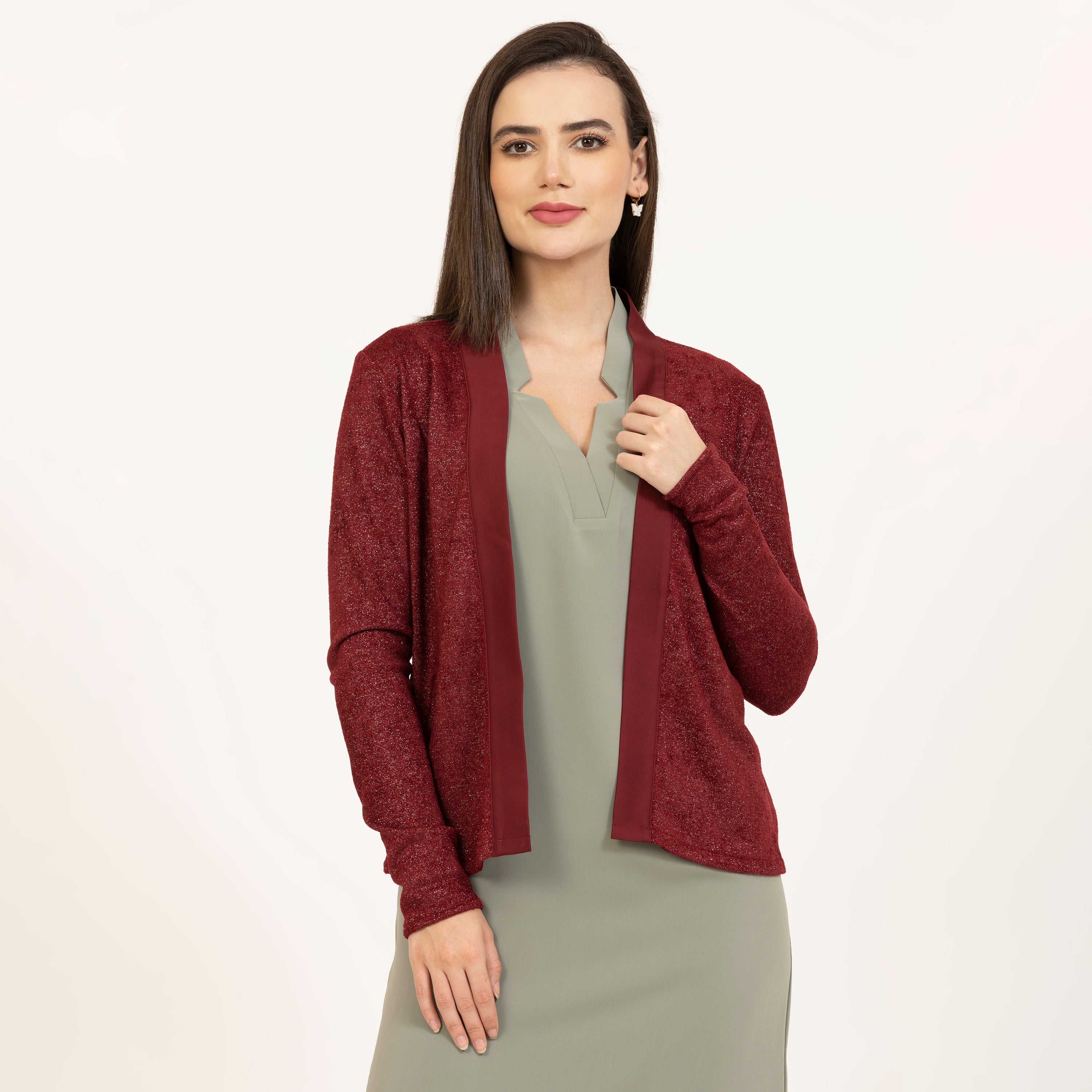 Maroon Shimmer Velvet Lycra Shrug With Satin