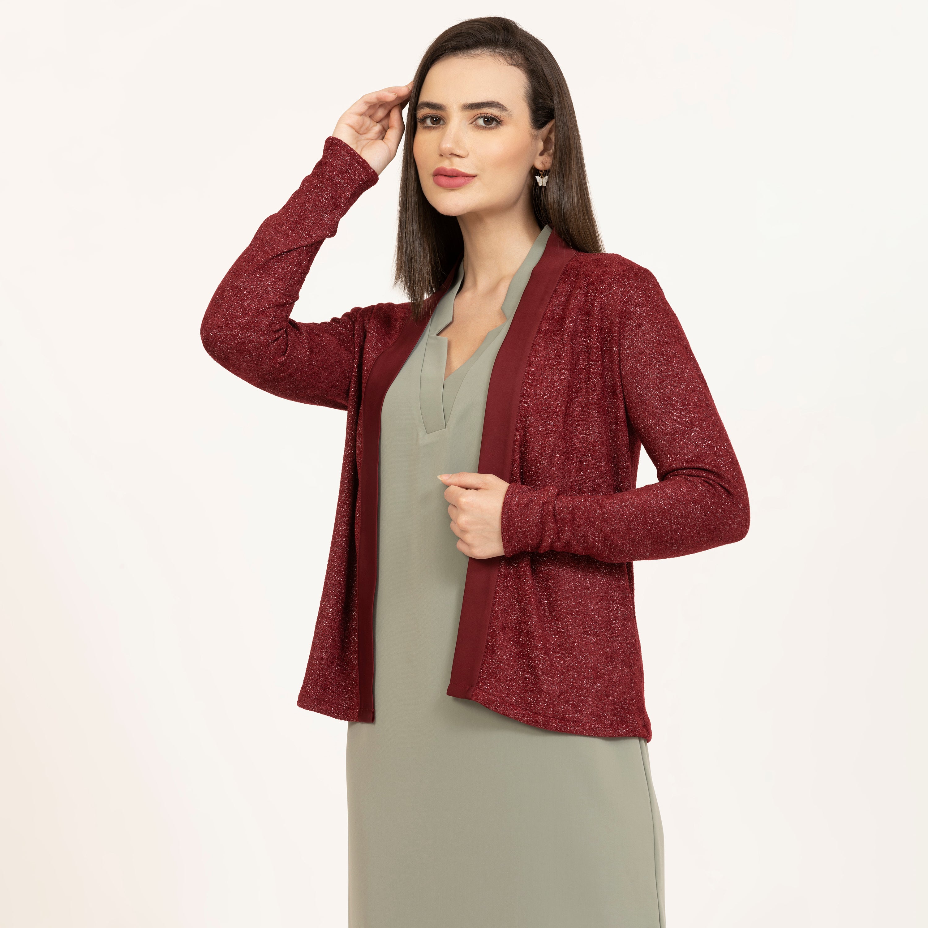 Maroon Shimmer Velvet Lycra Shrug With Satin