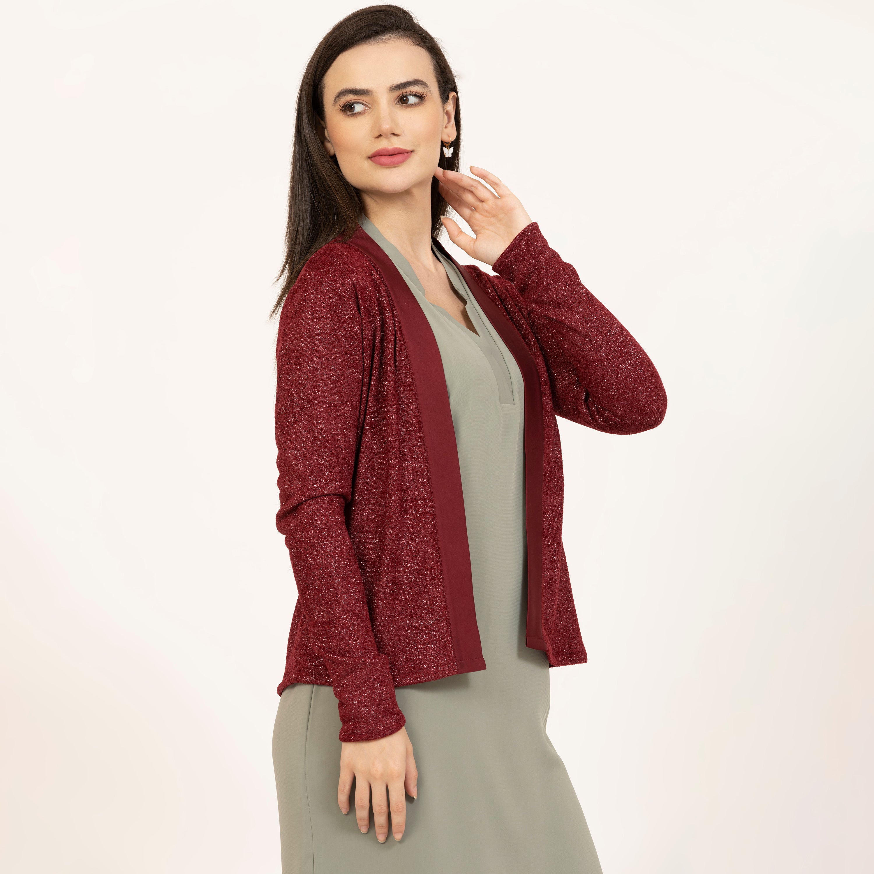 Maroon Shimmer Velvet Lycra Shrug With Satin