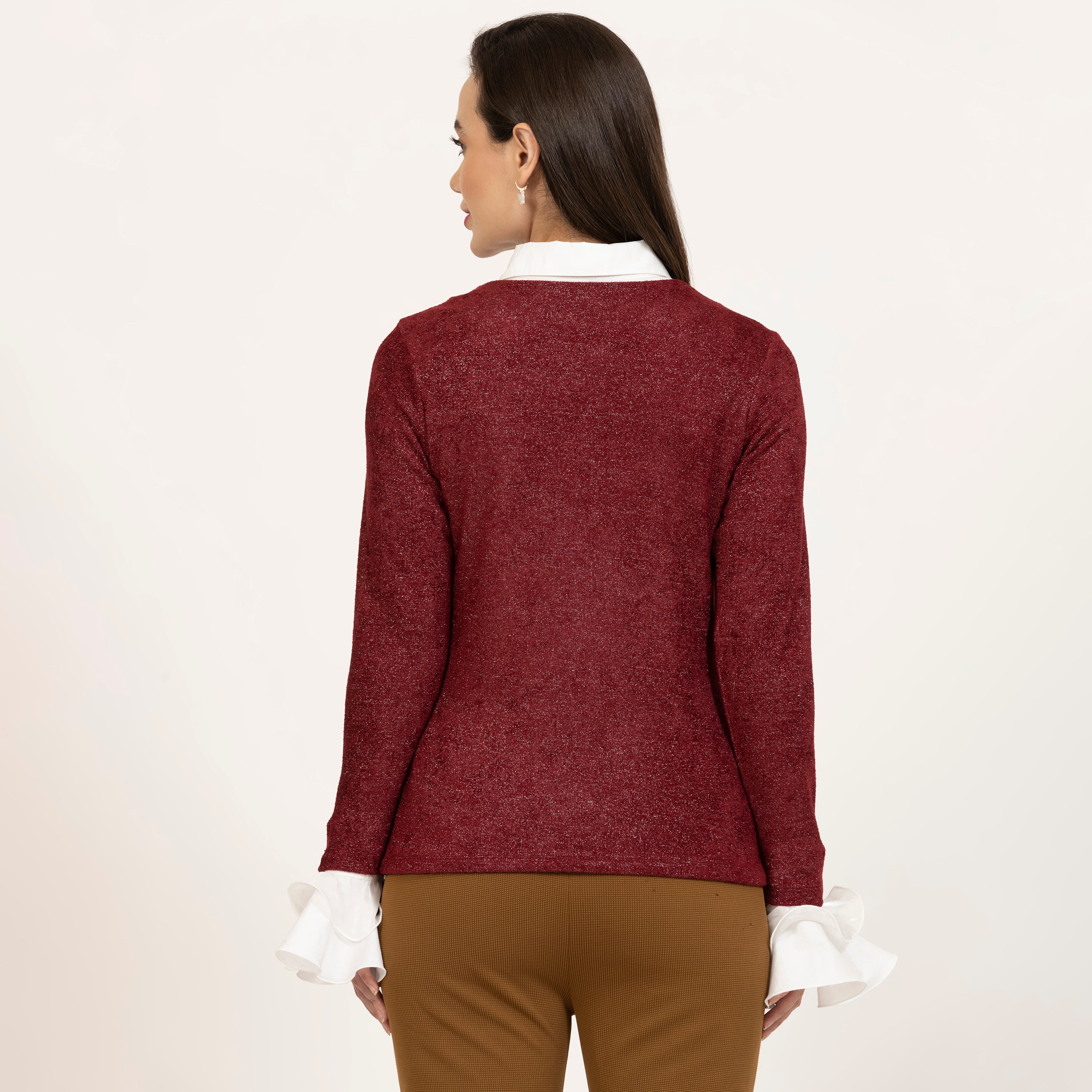 Maroon Shimmer Velvet Top With Detachable Collar & Cuff