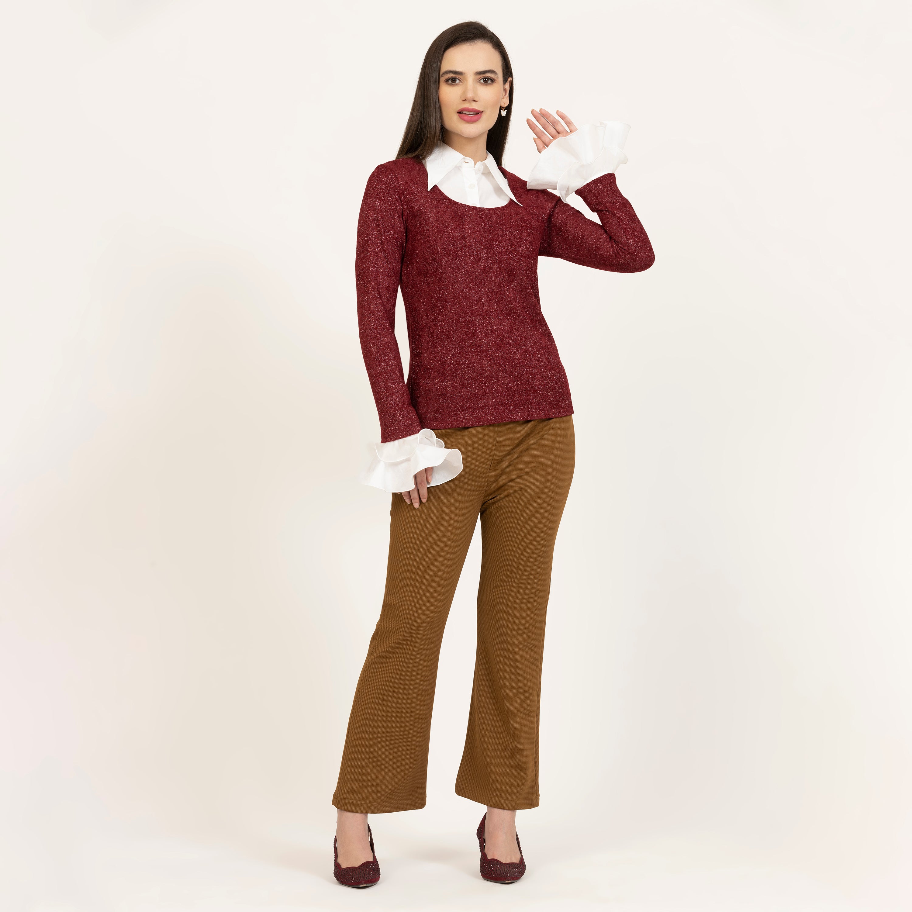 Maroon Shimmer Velvet Top With Detachable Collar & Cuff