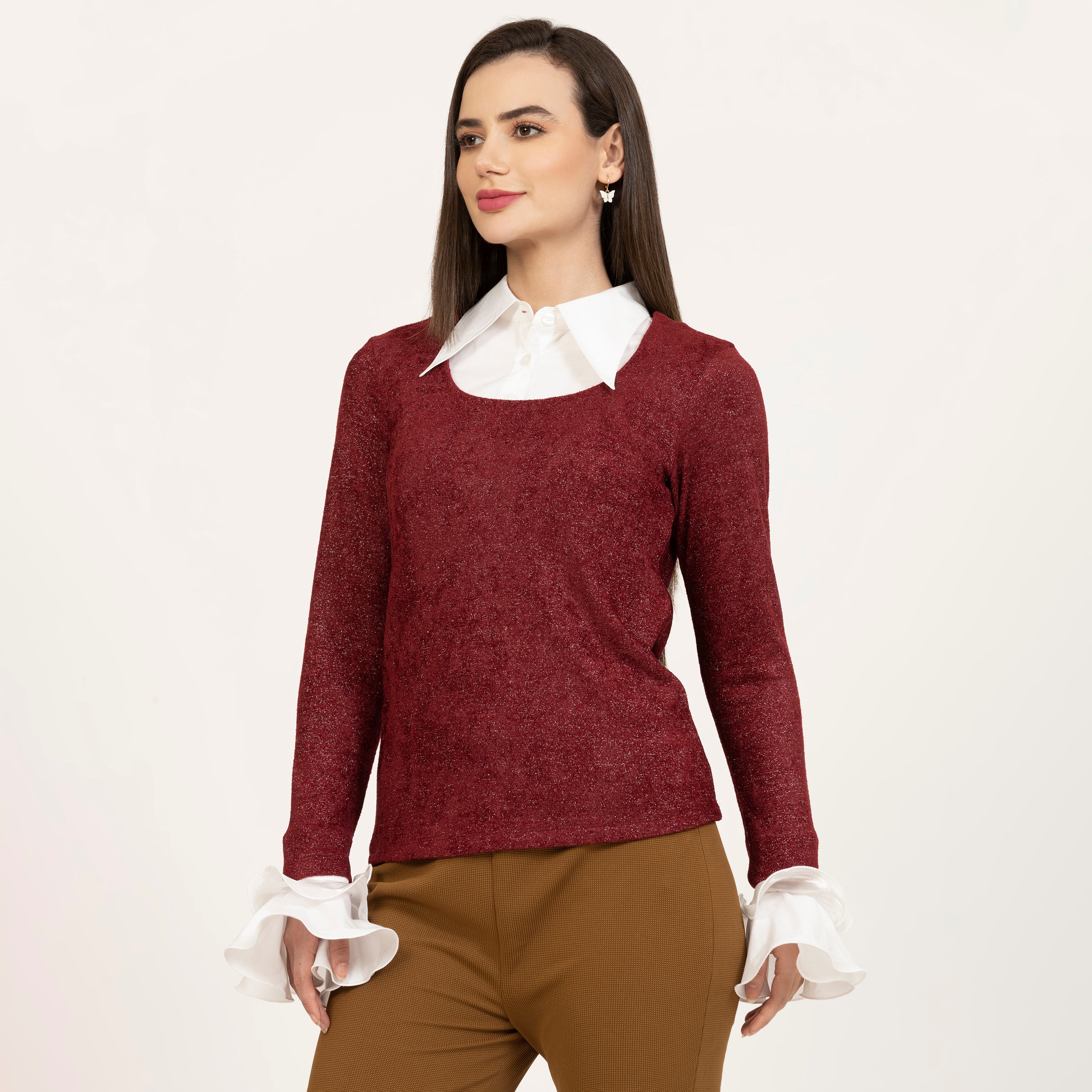 Maroon Shimmer Velvet Top With Detachable Collar & Cuff