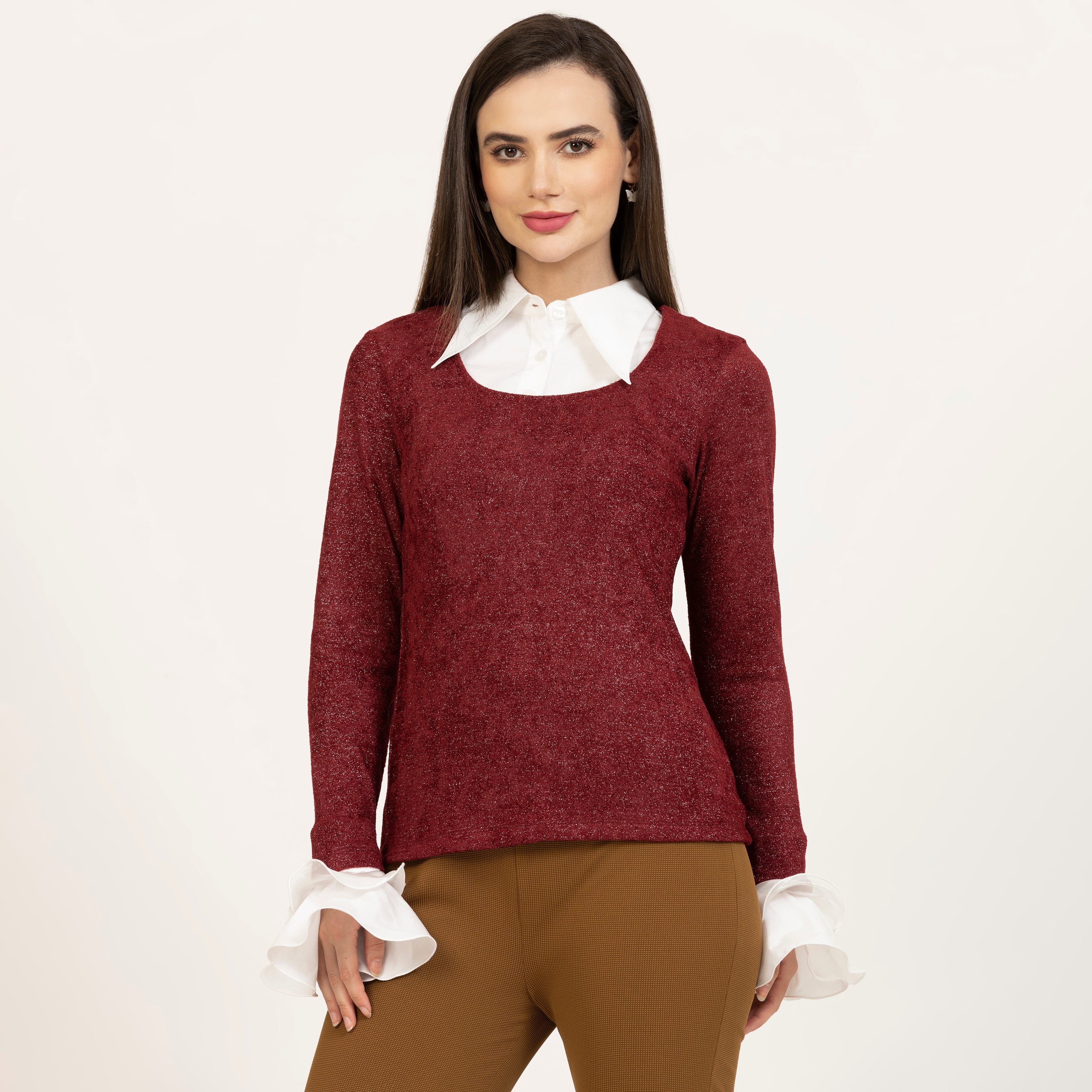 Maroon Shimmer Velvet Top With Detachable Collar & Cuff