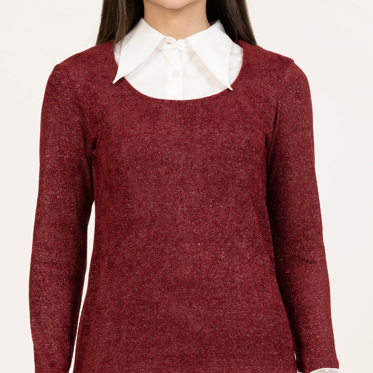 เสื้อกำมะหยี่สีน้ำตาลแดงประกายแวววาวพร้อมปลอกคอและข้อมือแบบถอดได้