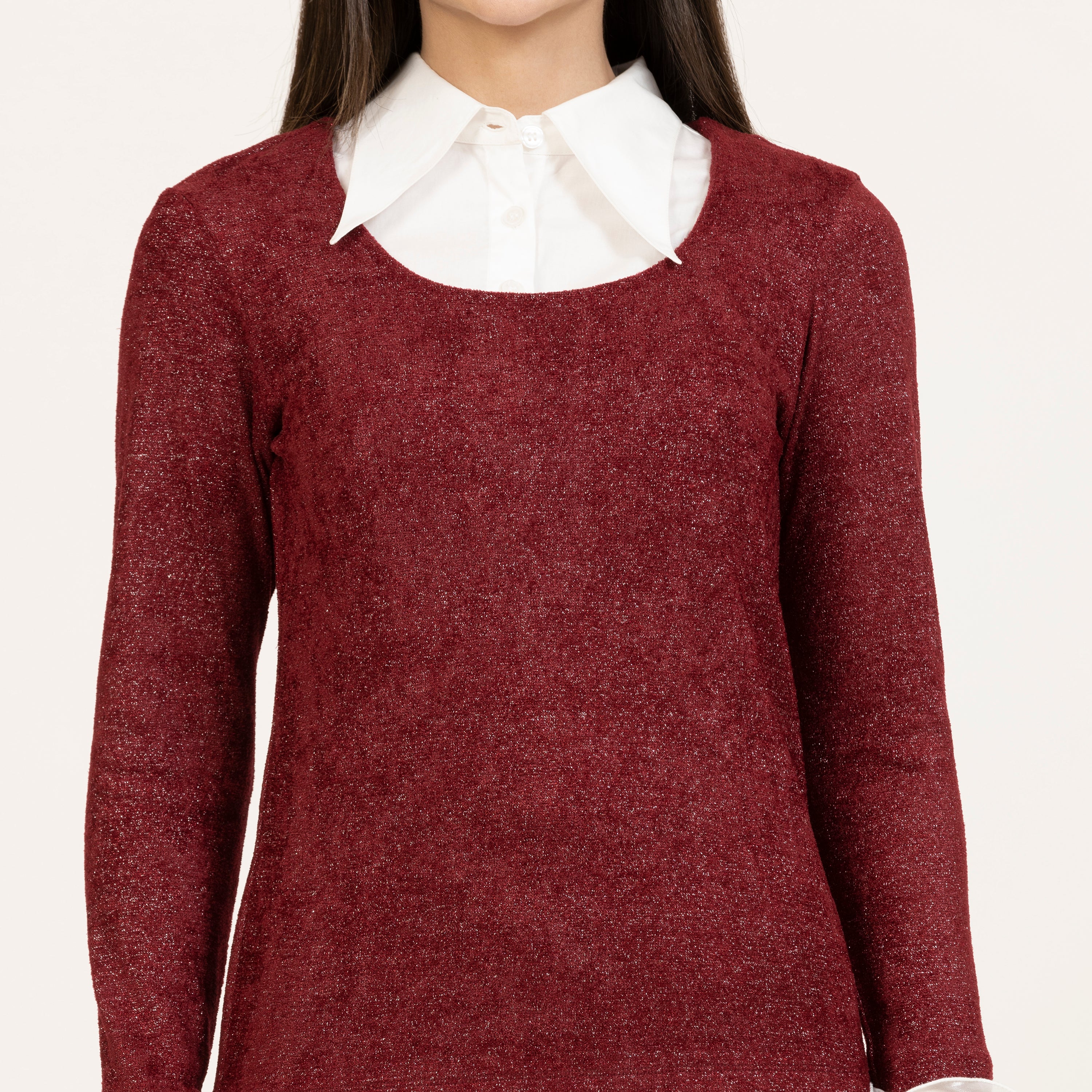 Maroon Shimmer Velvet Top With Detachable Collar & Cuff