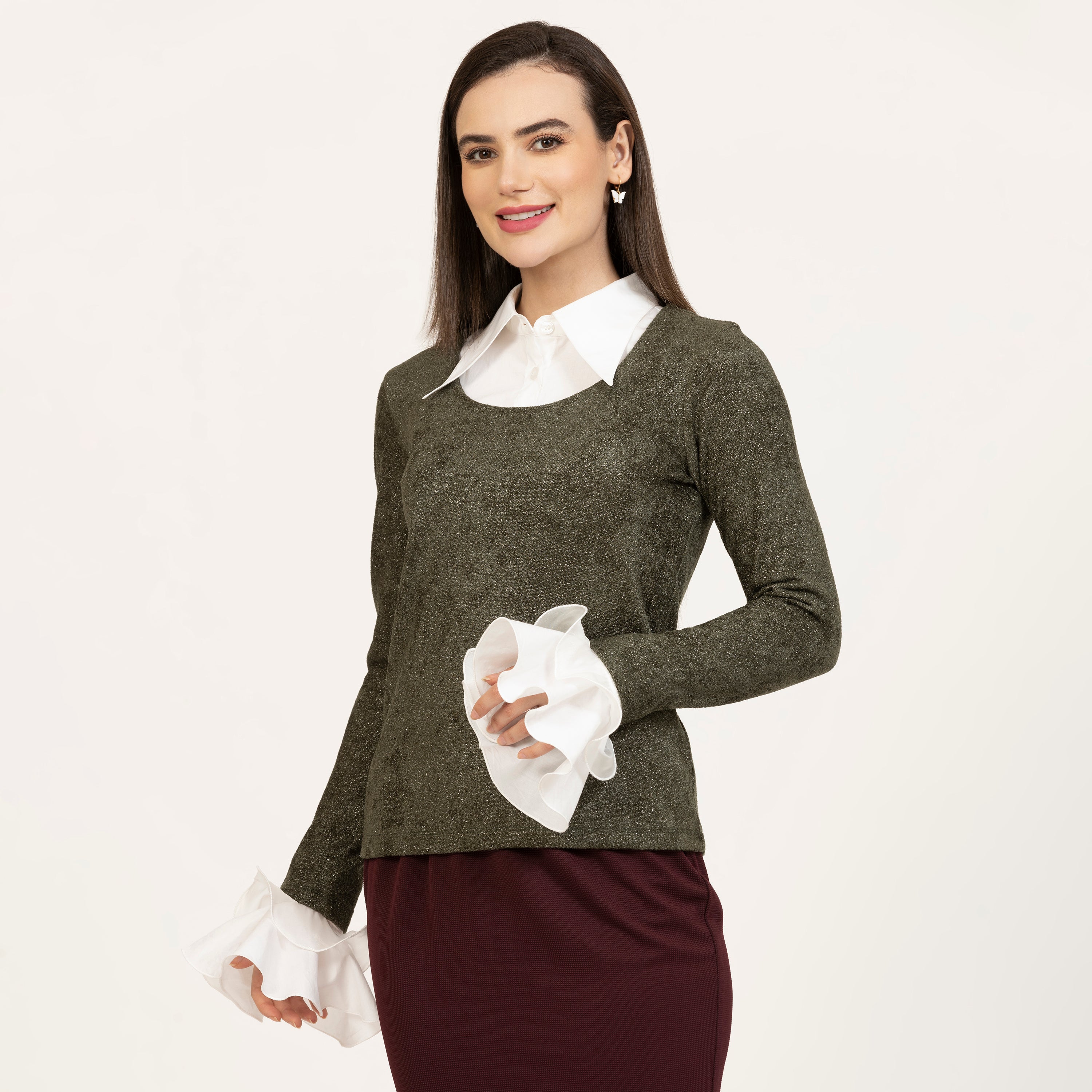 Dark Green Shimmer Velvet Top With Detachable Collar & Cuff