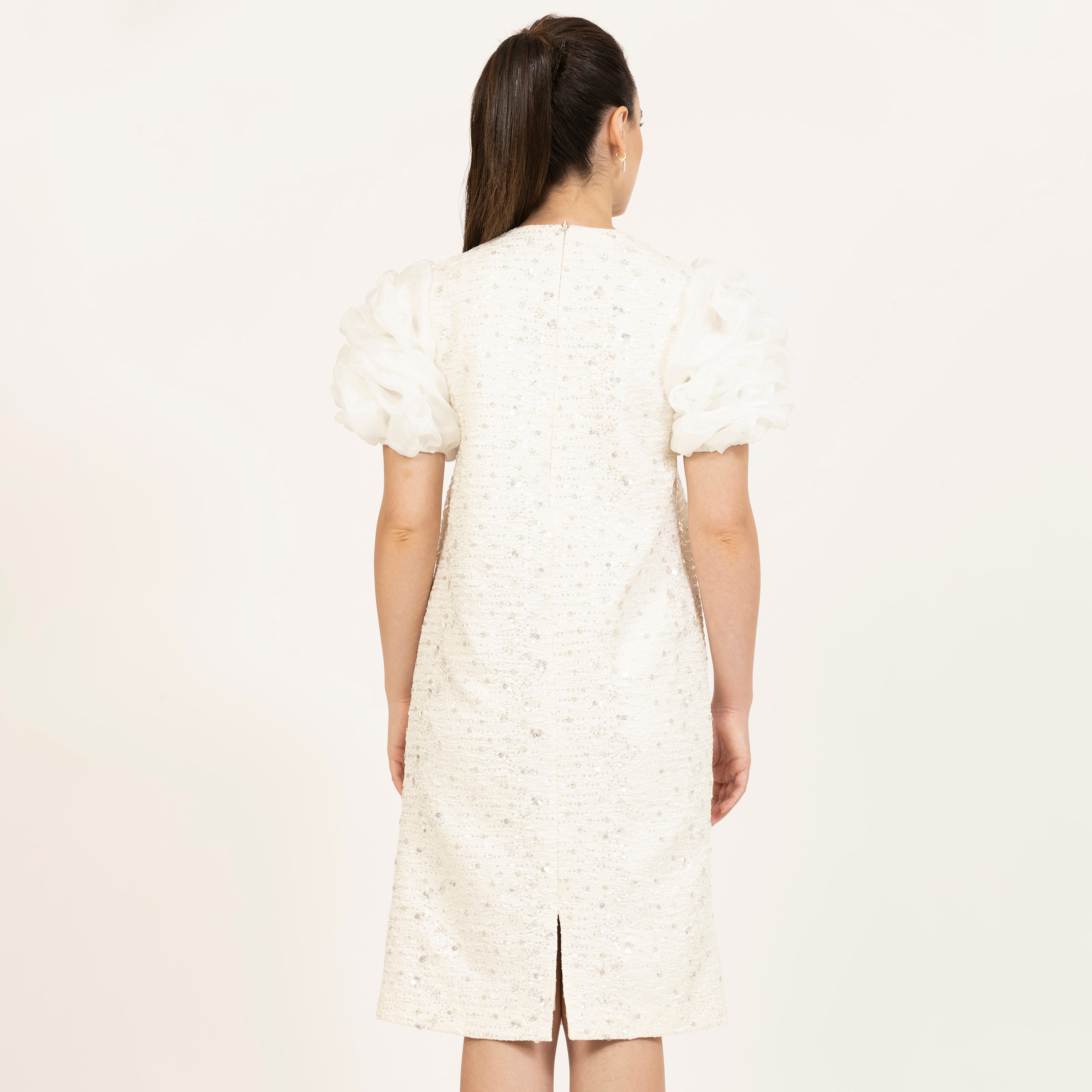 Off-White Bubble Sleeves A-Line Embroidered Dress