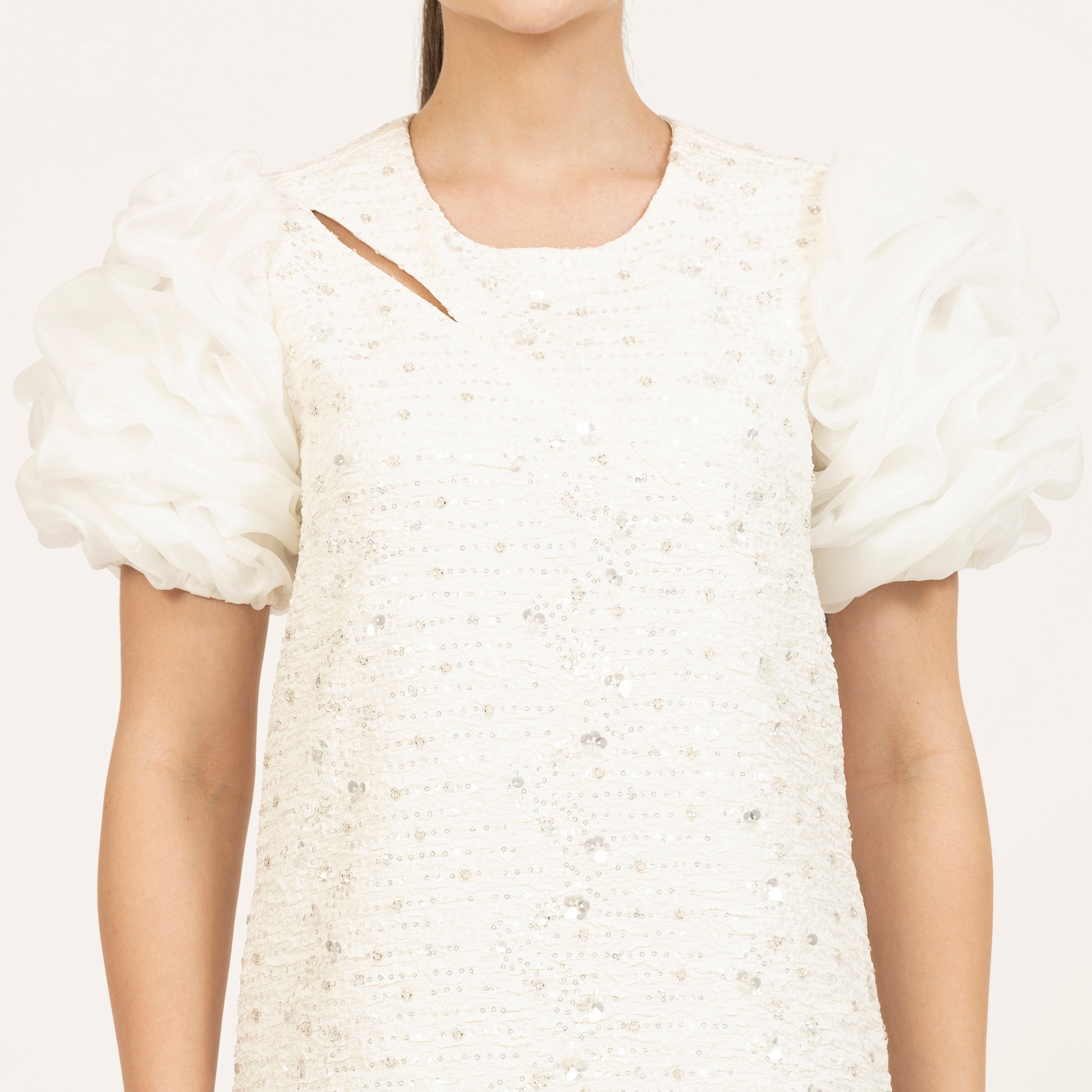 Off-White Bubble Sleeves A-Line Embroidered Dress