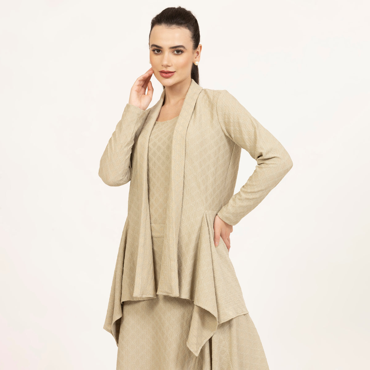 Beige Diamond Textured Lycra Shrug-1
