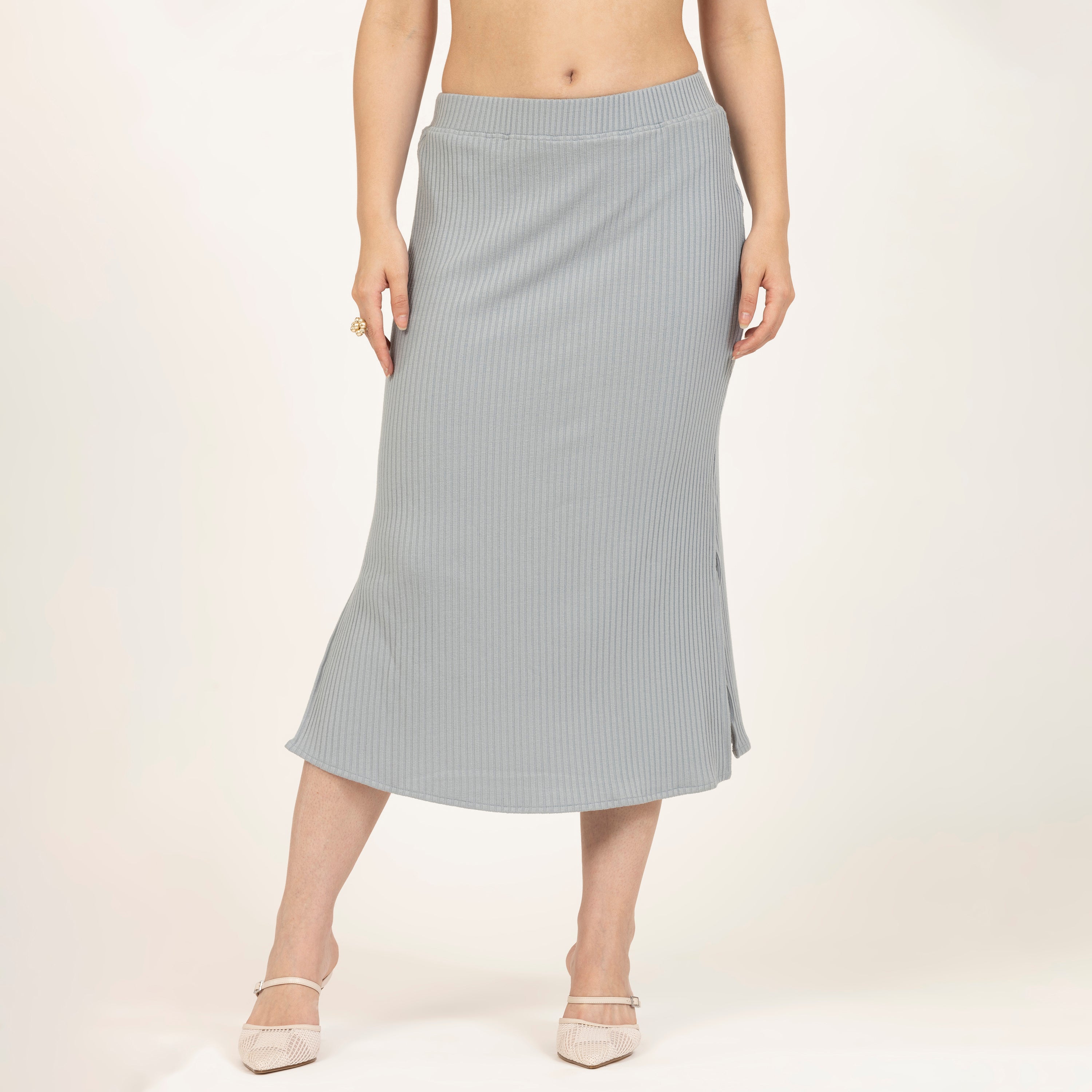Grey Ribbed Slit Skirt L