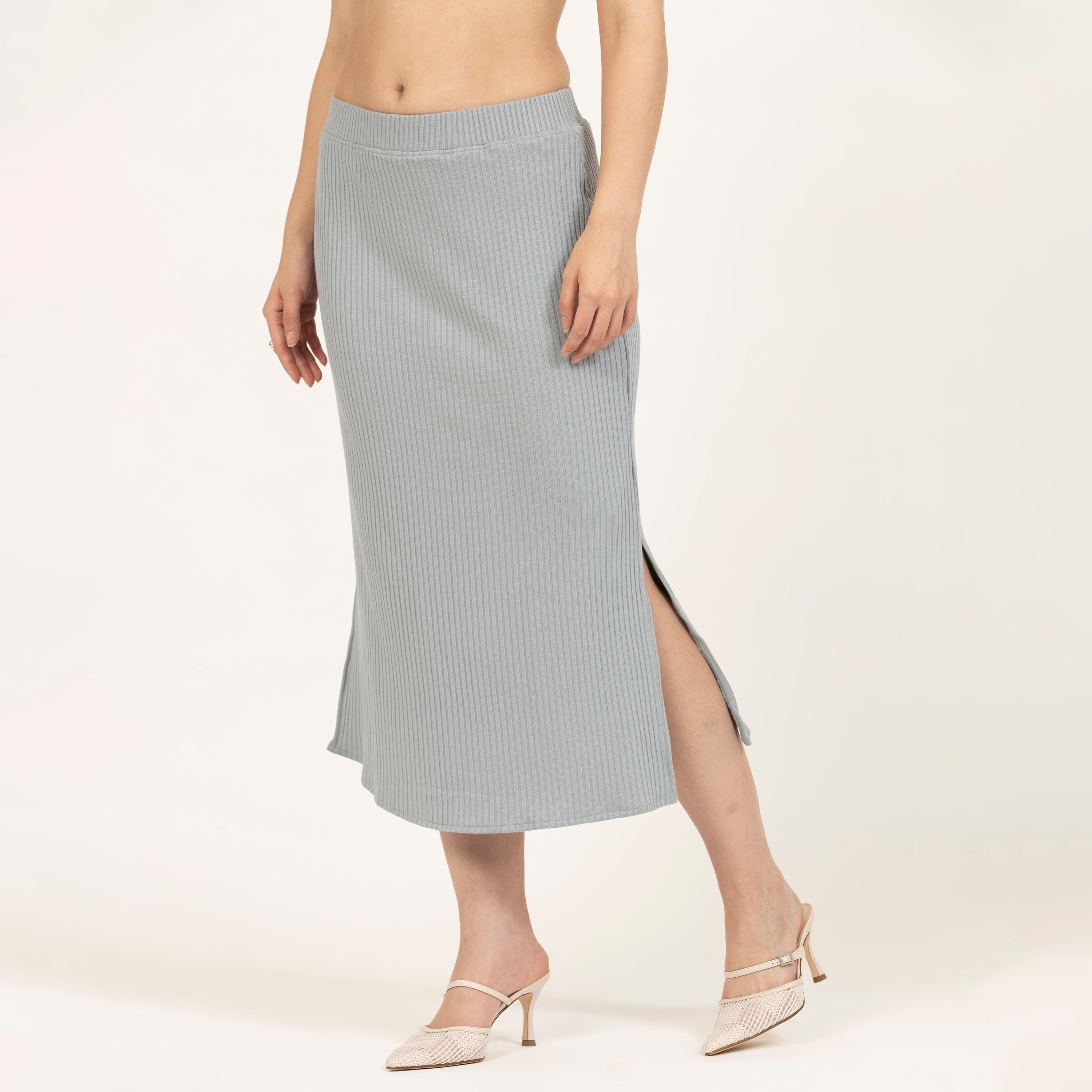 Grey Ribbed Slit Skirt