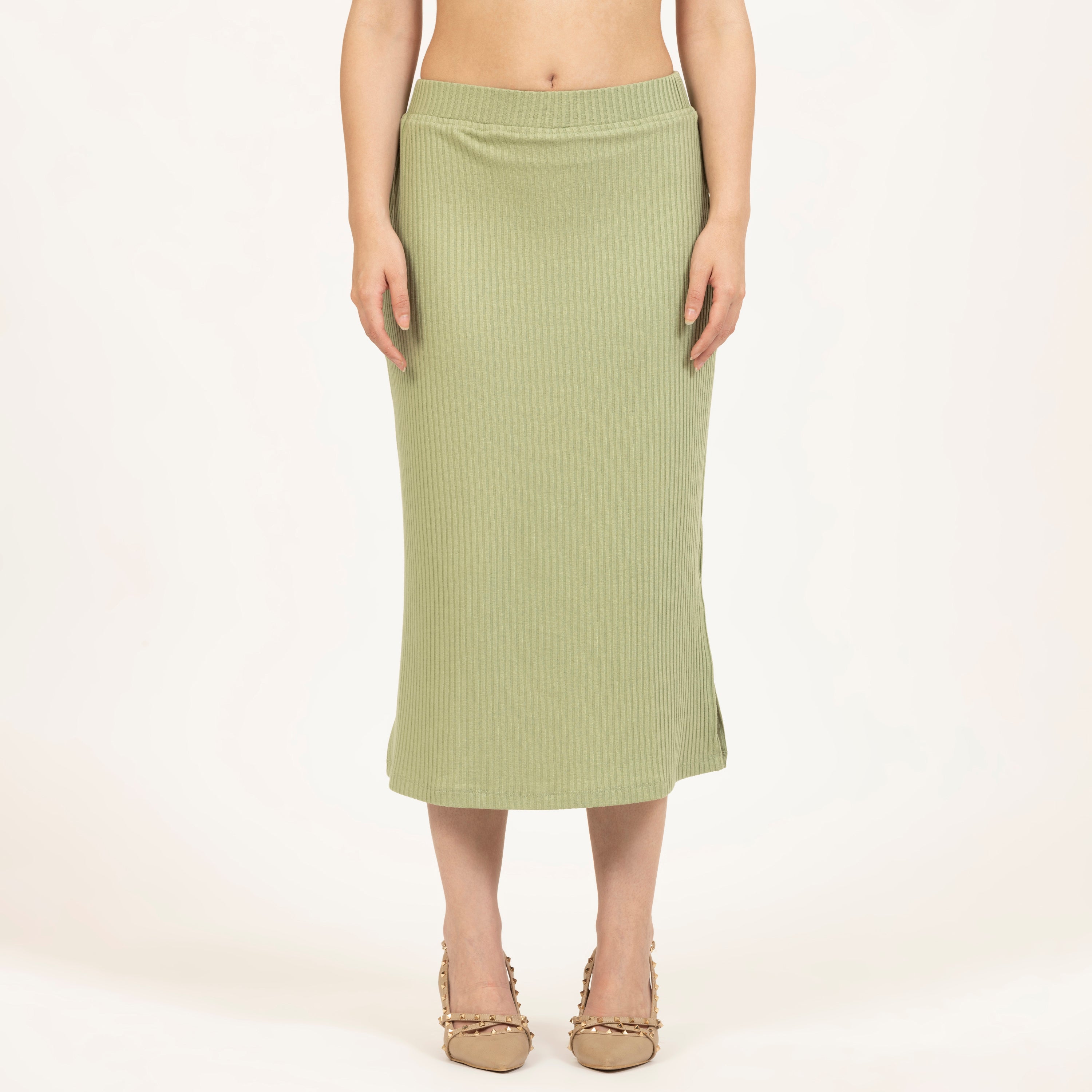 Green Ribbed Slit Skirt