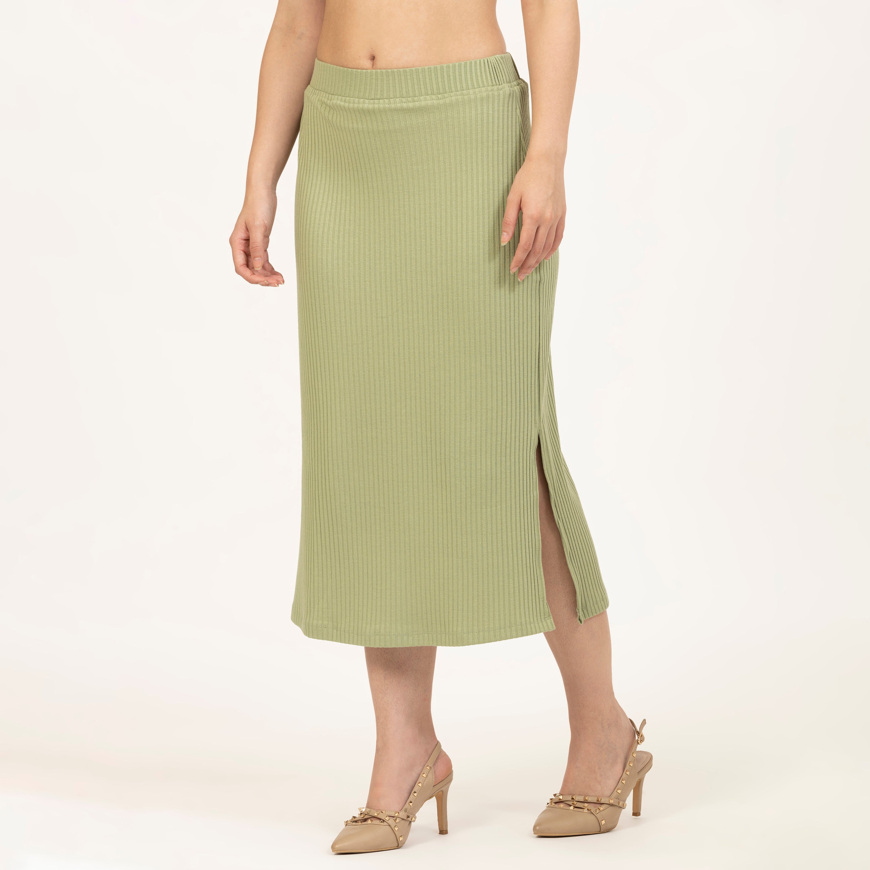 Green Ribbed Slit Skirt