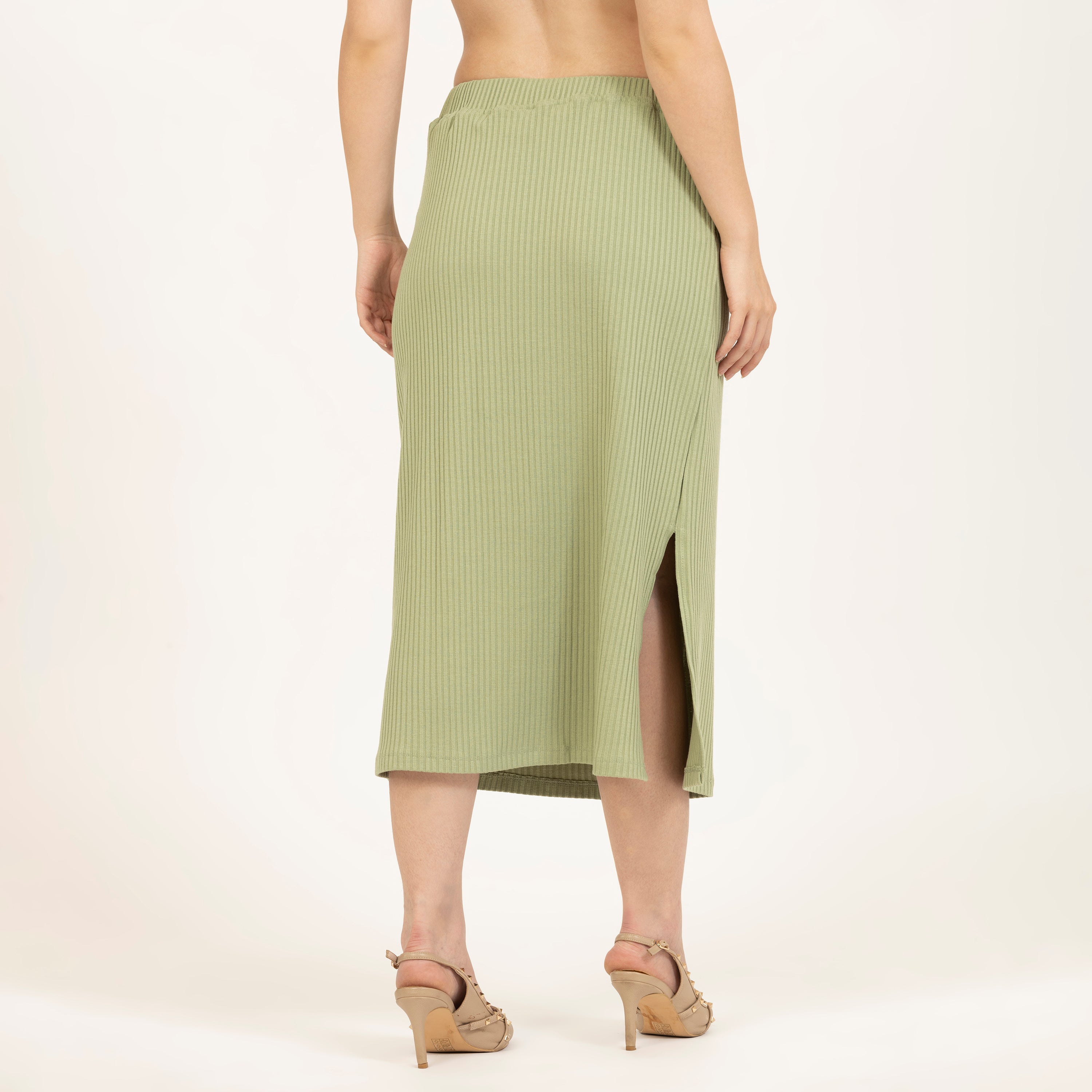 Green Ribbed Slit Skirt