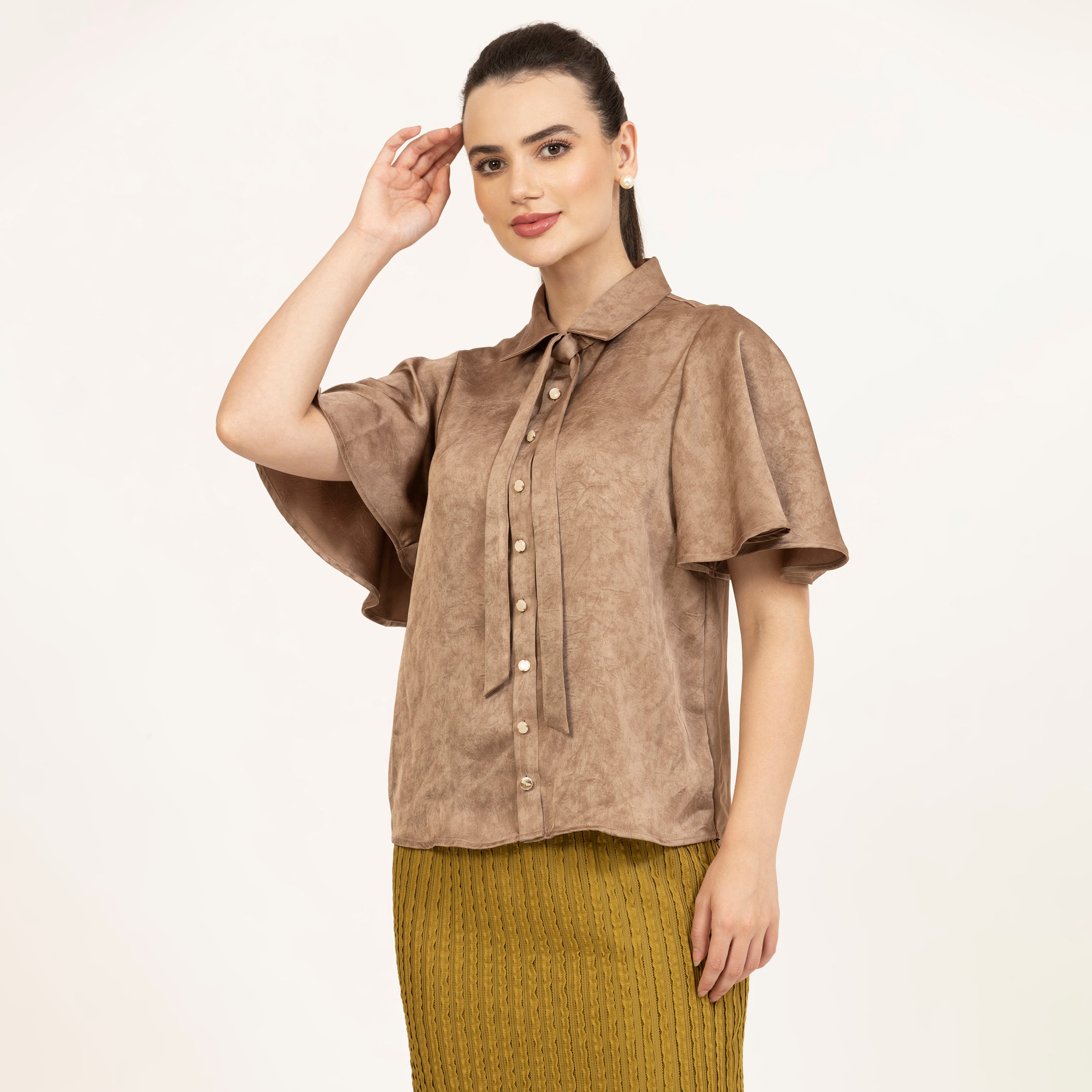 Brown Satin Top With Bell Sleeves