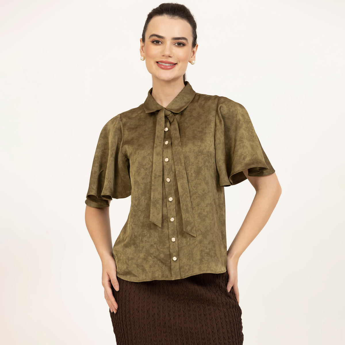Olive Green Satin Top With Bell Sleeves