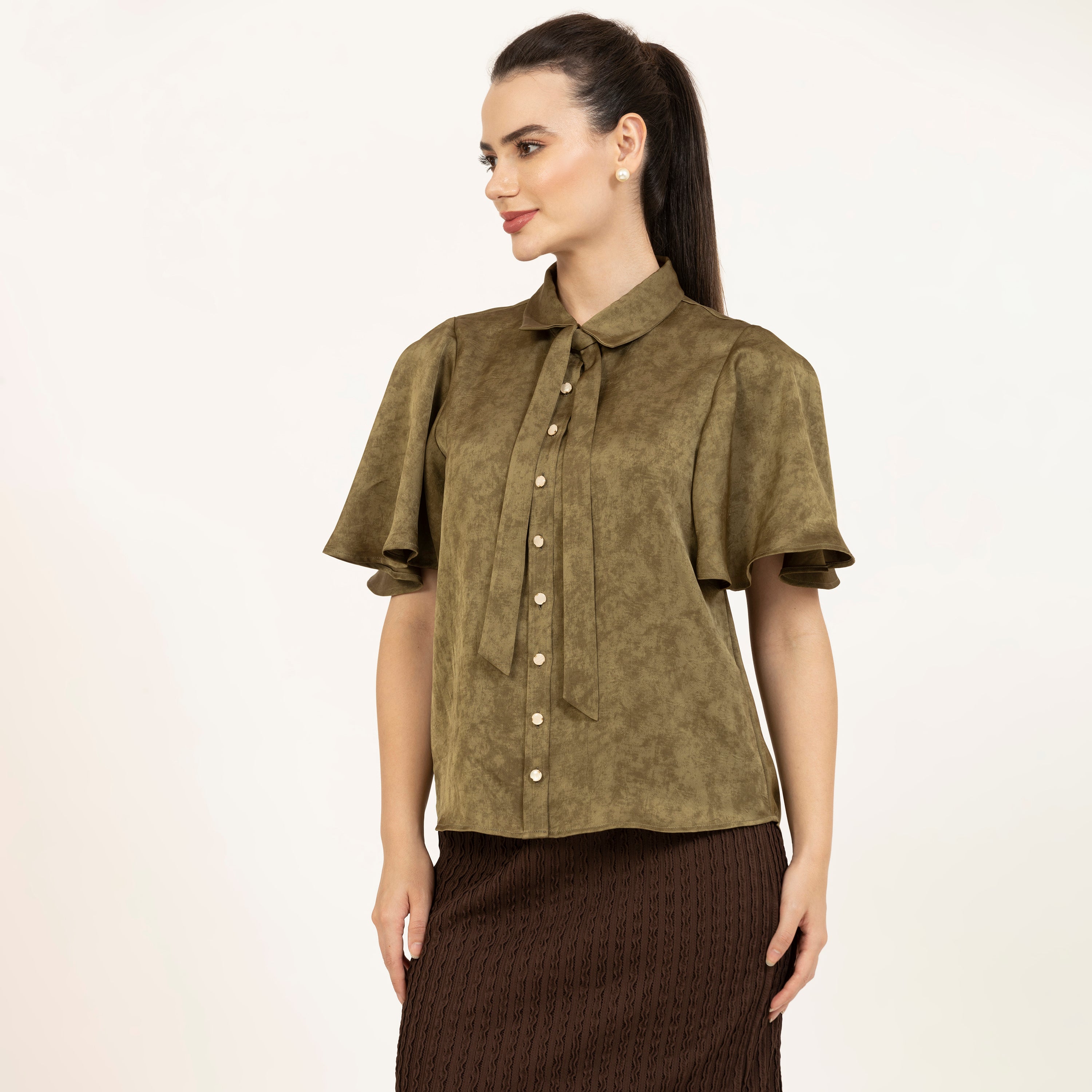 Olive Green Satin Top With Bell Sleeves