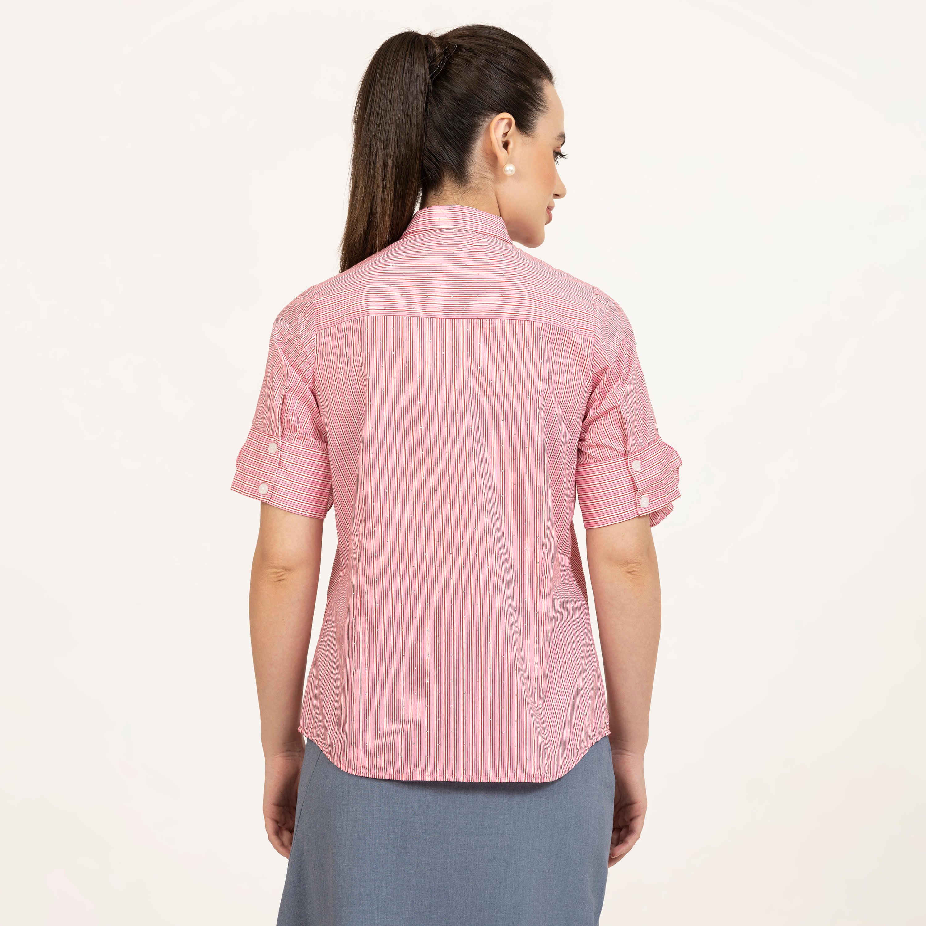 Rose Embroidered Pink Striped Shirt With Silver Studs