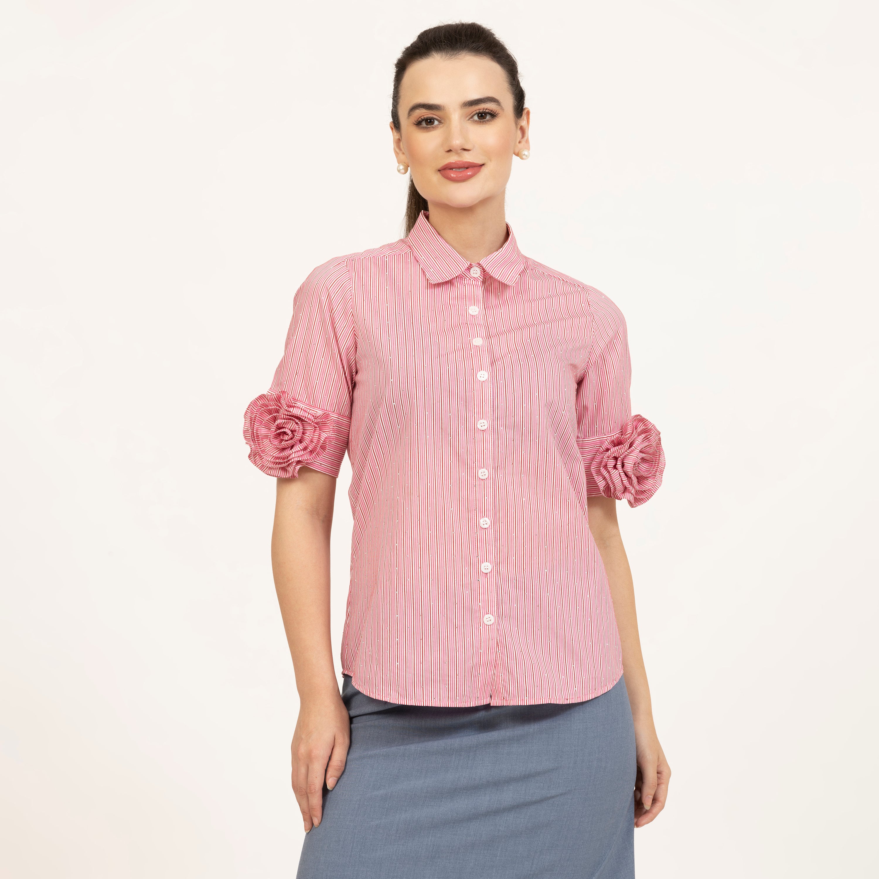 Rose Embroidered Pink Striped Shirt With Silver Studs