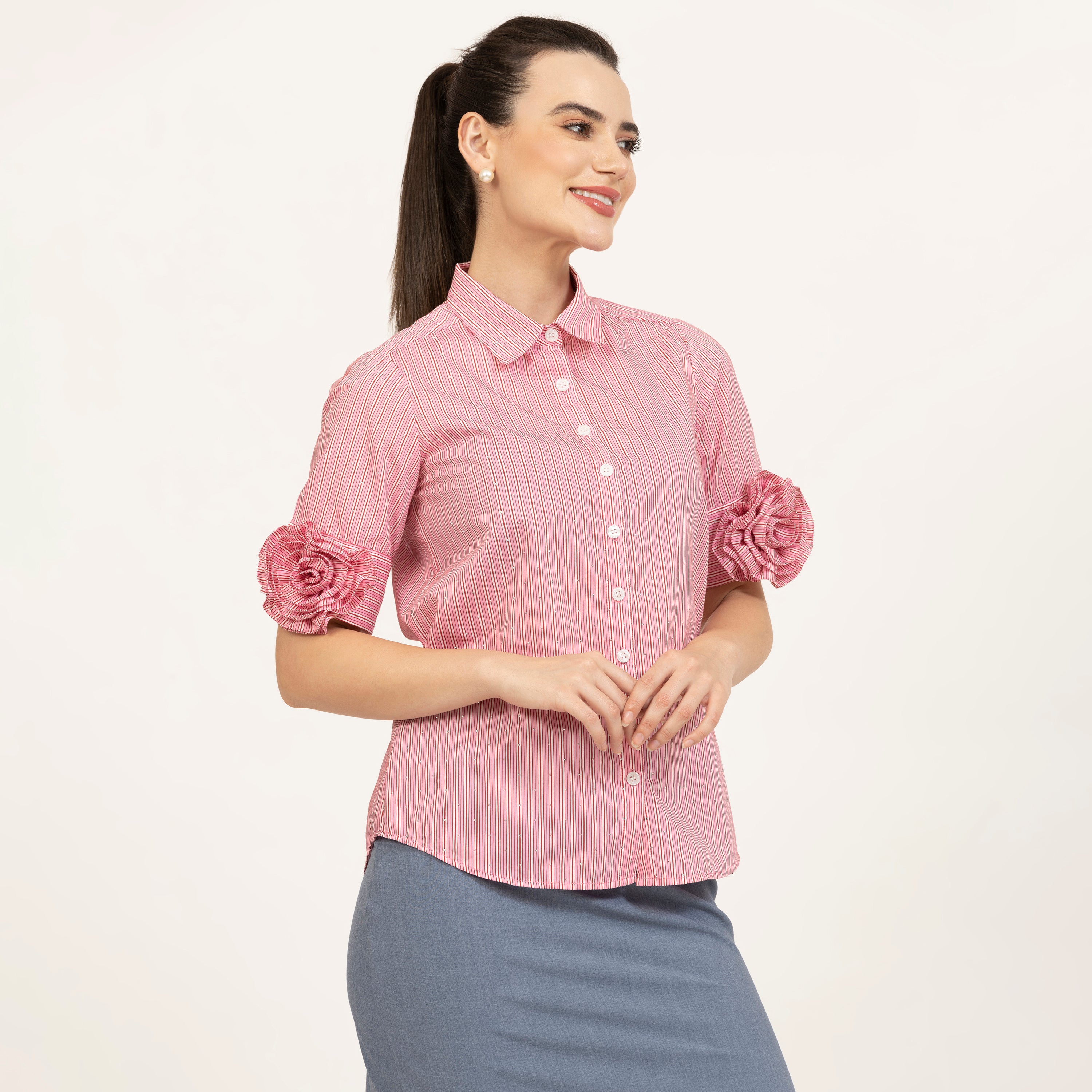 Rose Embroidered Pink Striped Shirt With Silver Studs