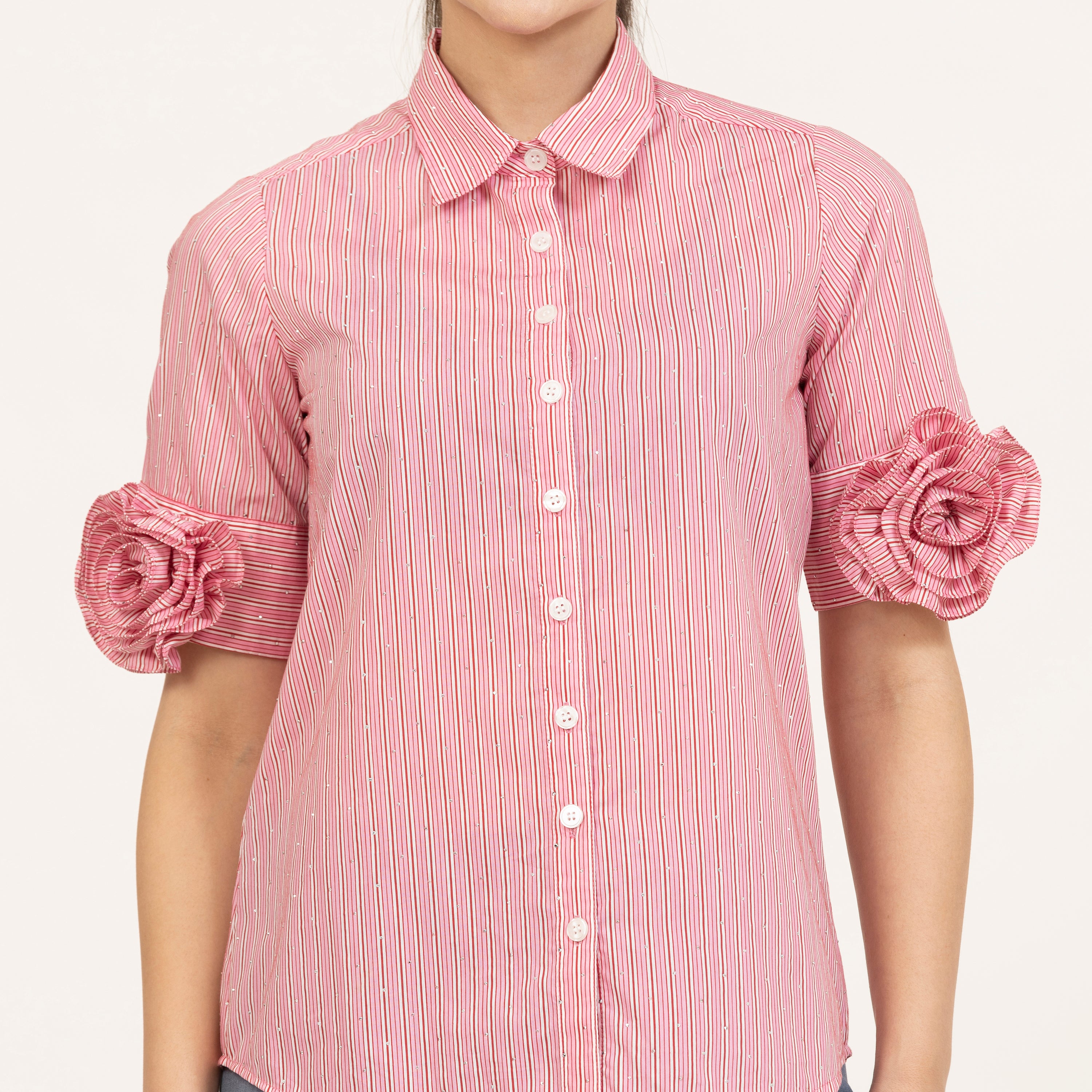 Rose Embroidered Pink Striped Shirt With Silver Studs