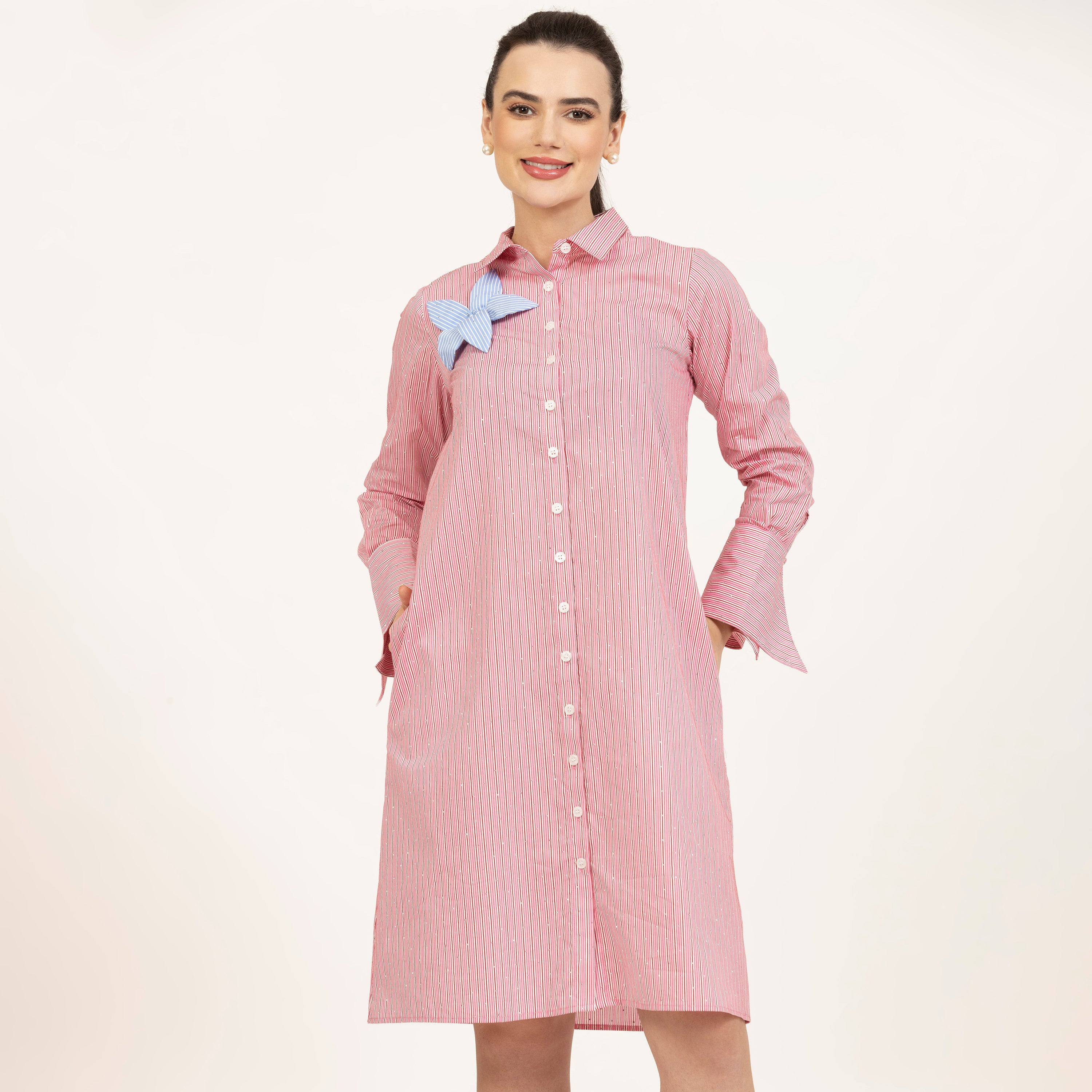 Pink Striped Tunic With Flower Patch And Silver Studs