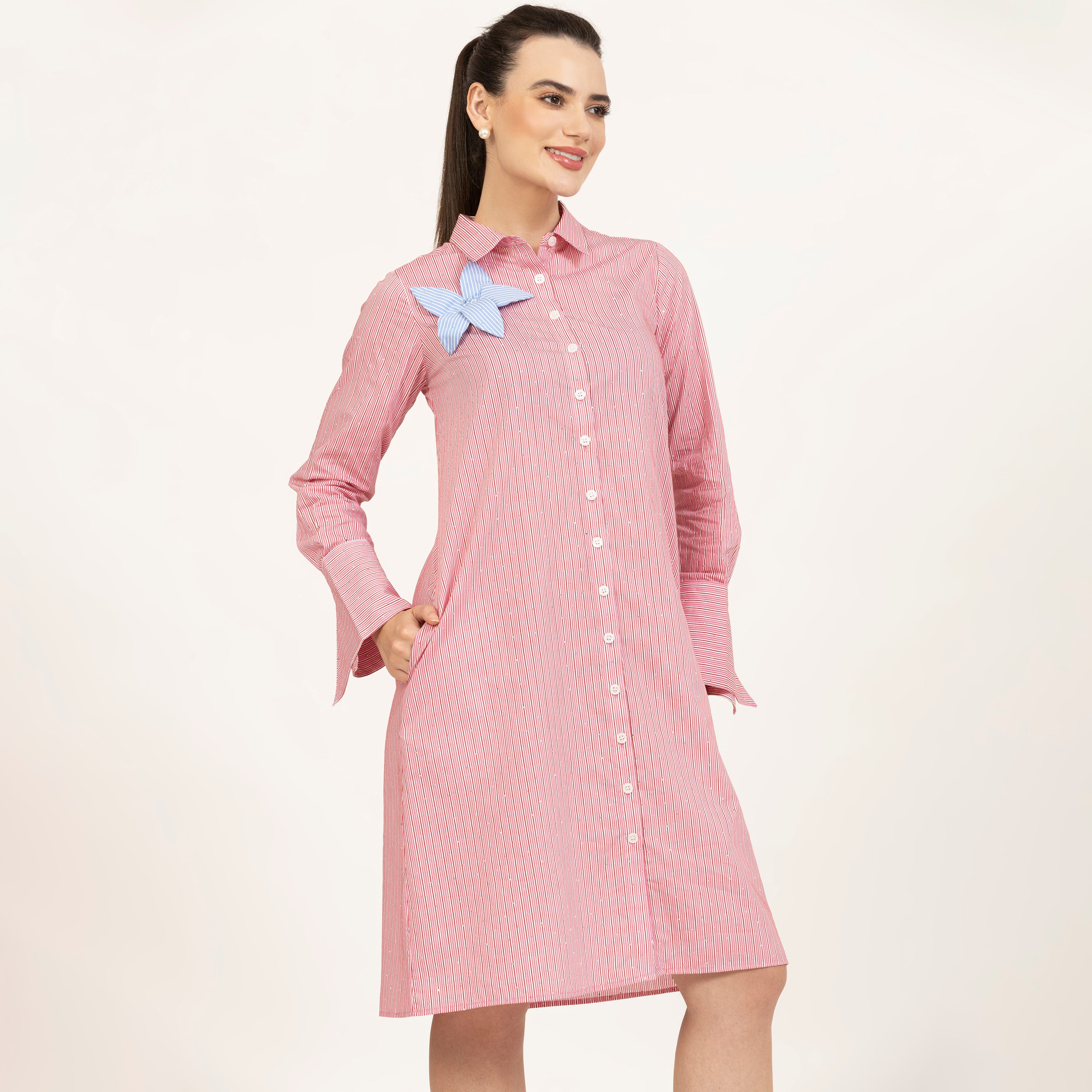 Pink Striped Tunic With Flower Patch And Silver Studs