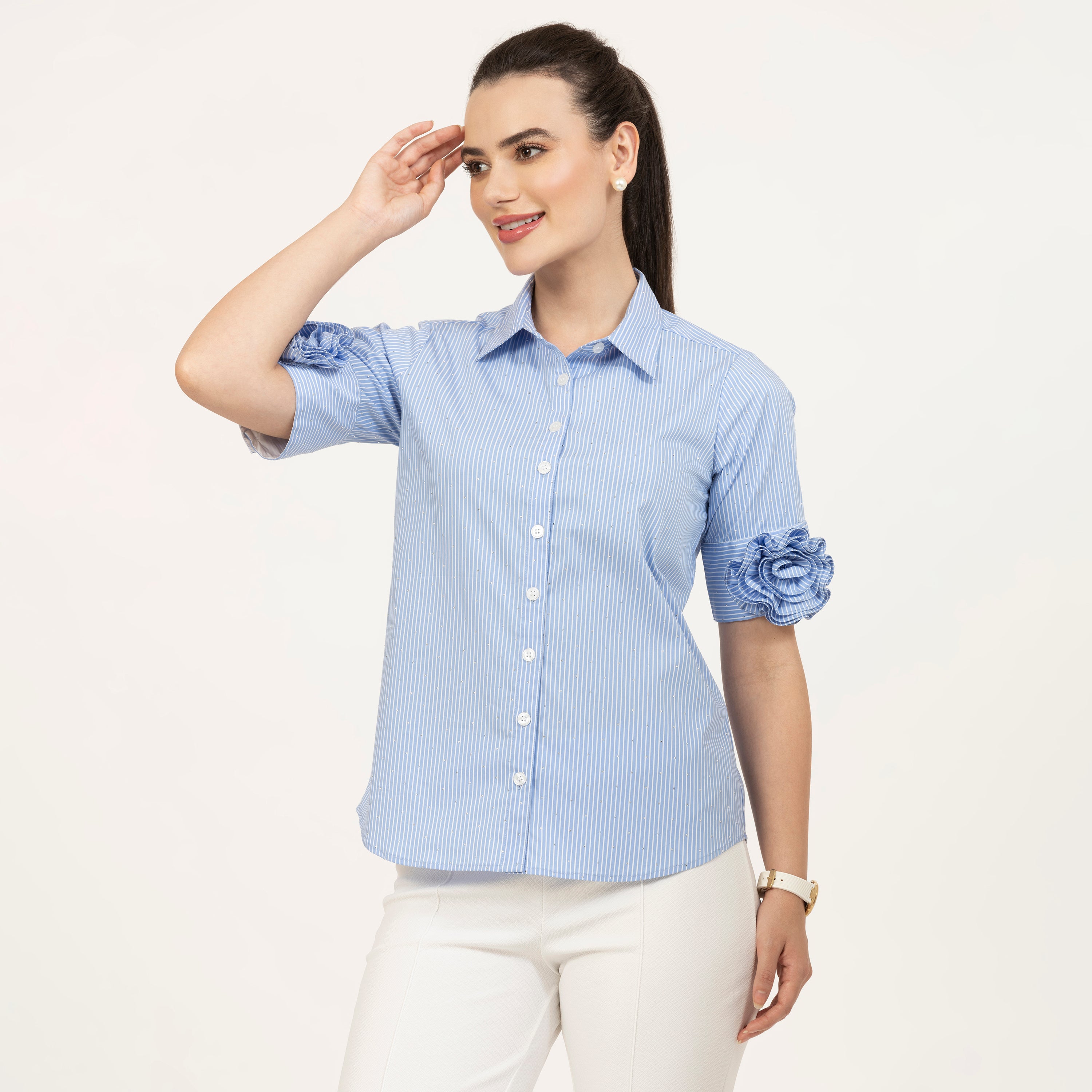 Rose Embroidered Blue Striped Shirt With Silver Studs