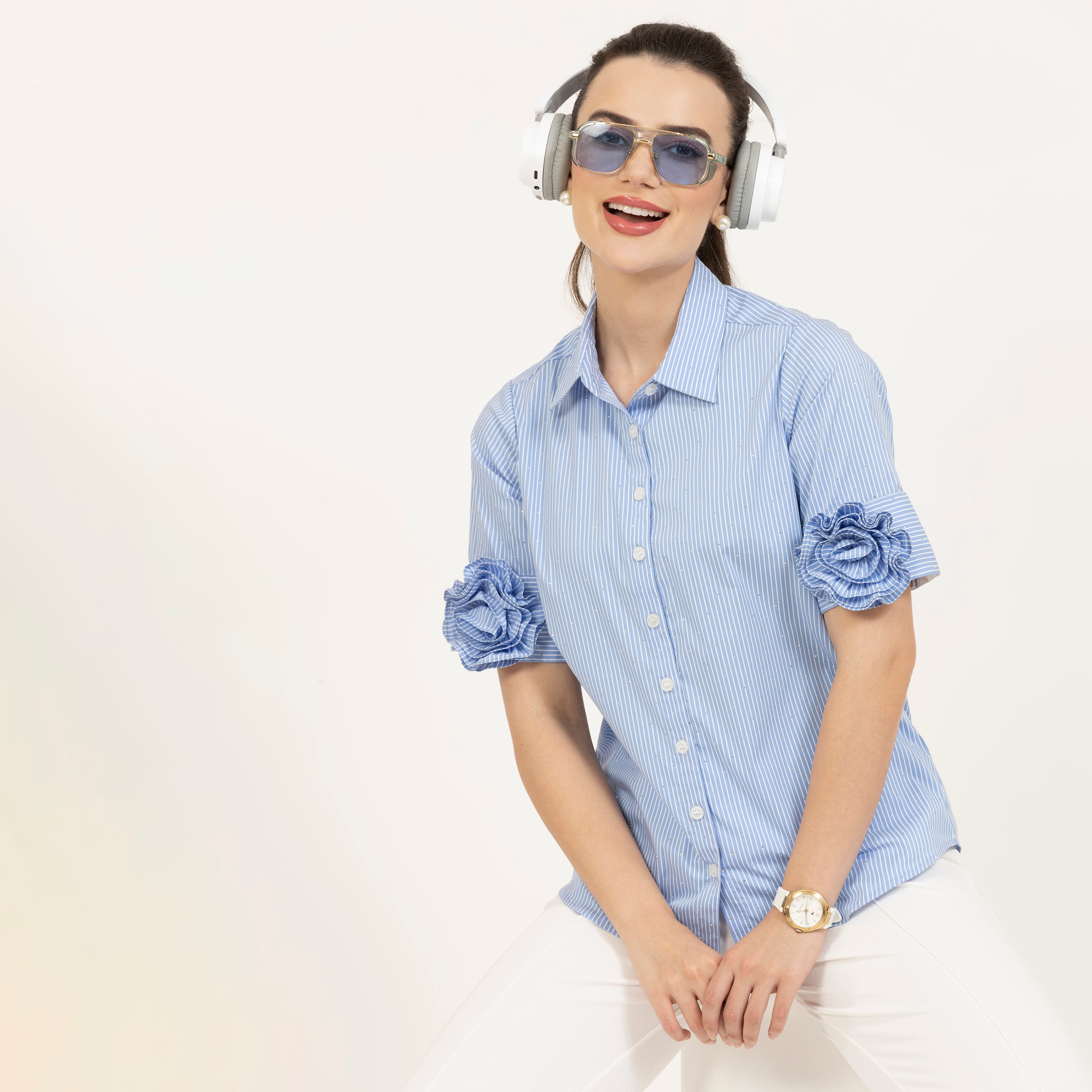 Rose Embroidered Blue Striped Shirt With Silver Studs