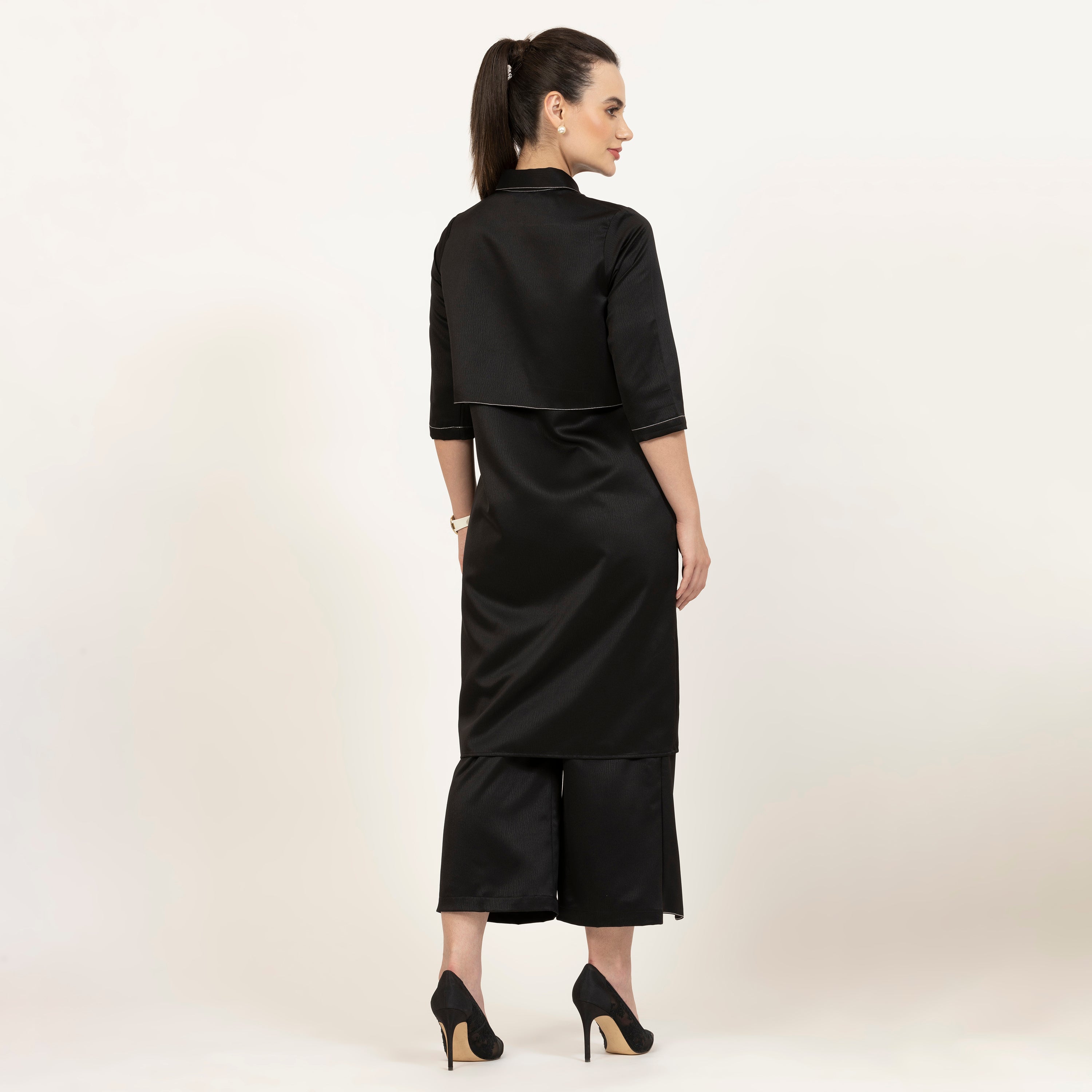 Black Texture Satin Flap Dress With Top Stitching