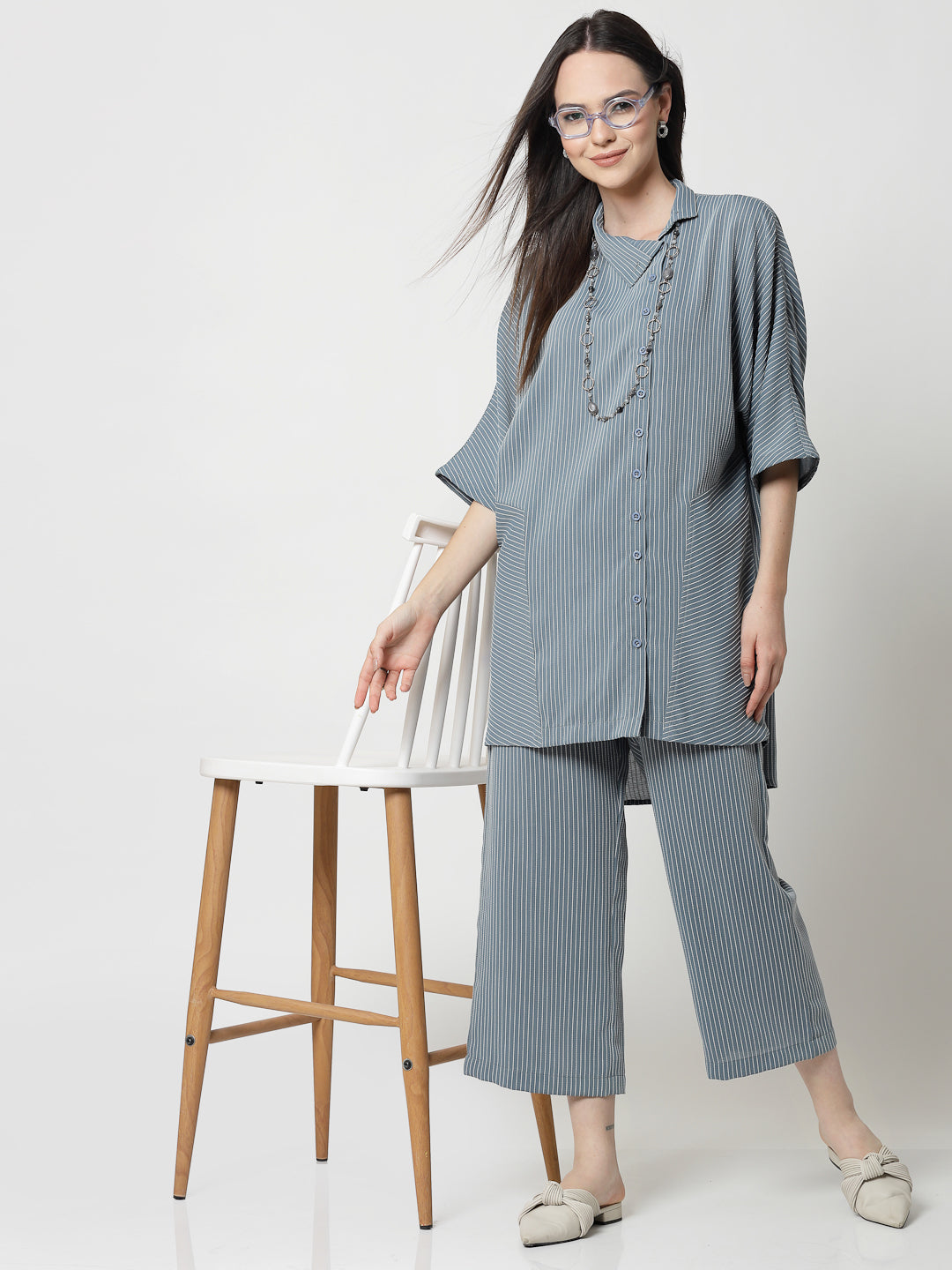 Blue Oversize Shirt With White Lines
