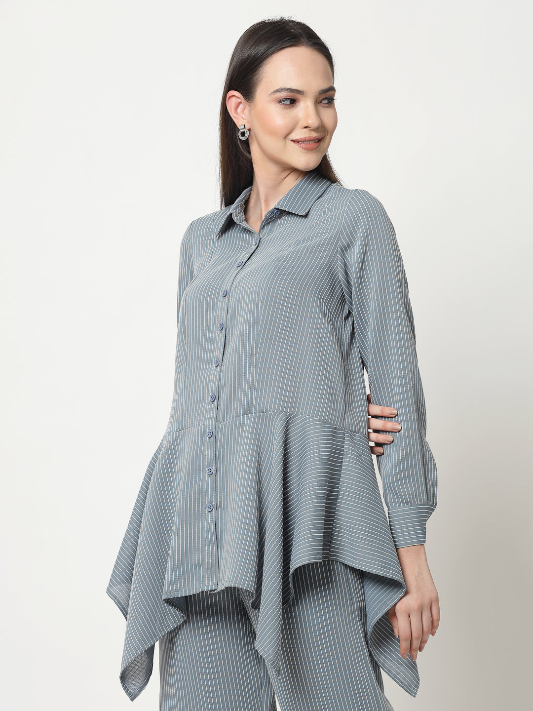 Blue Asymmetrical Shirt With White Lines