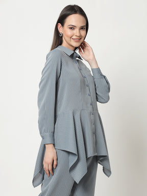 Blue Asymmetrical Shirt With White Lines