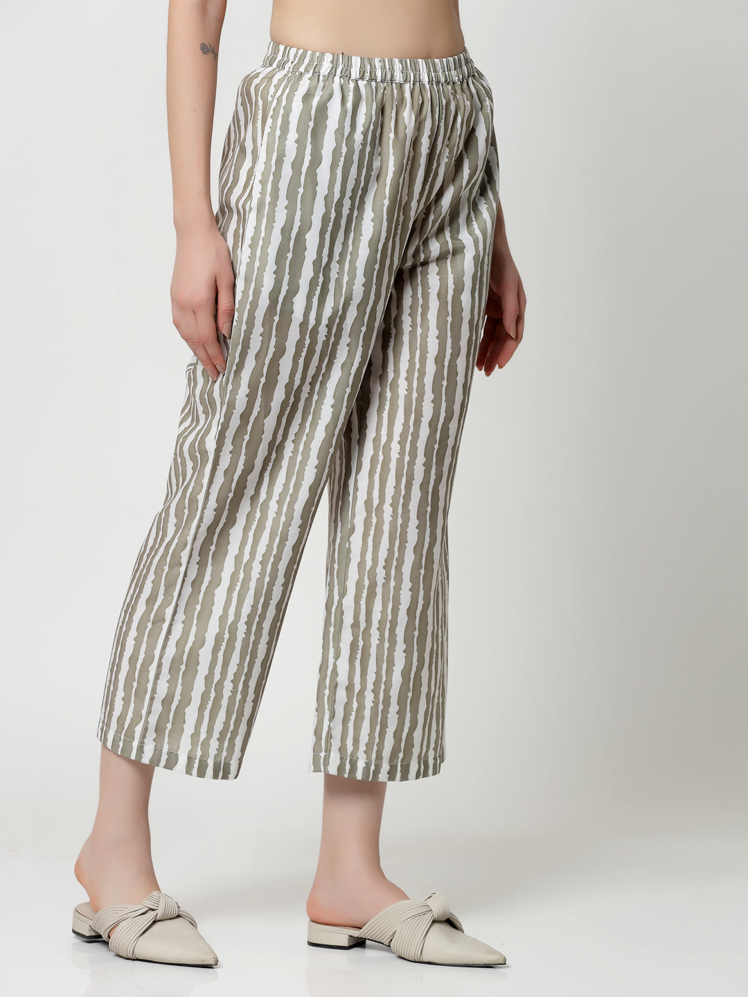 Olive & White Stripe Plazzo for Females -2