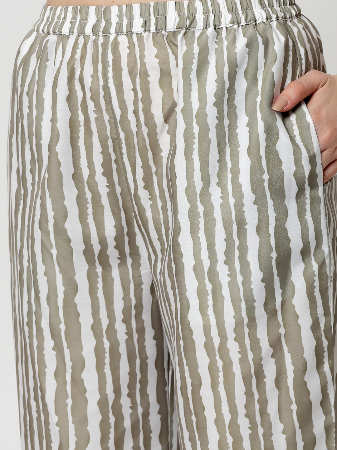 Olive & White Stripe Plazzo for Females-5