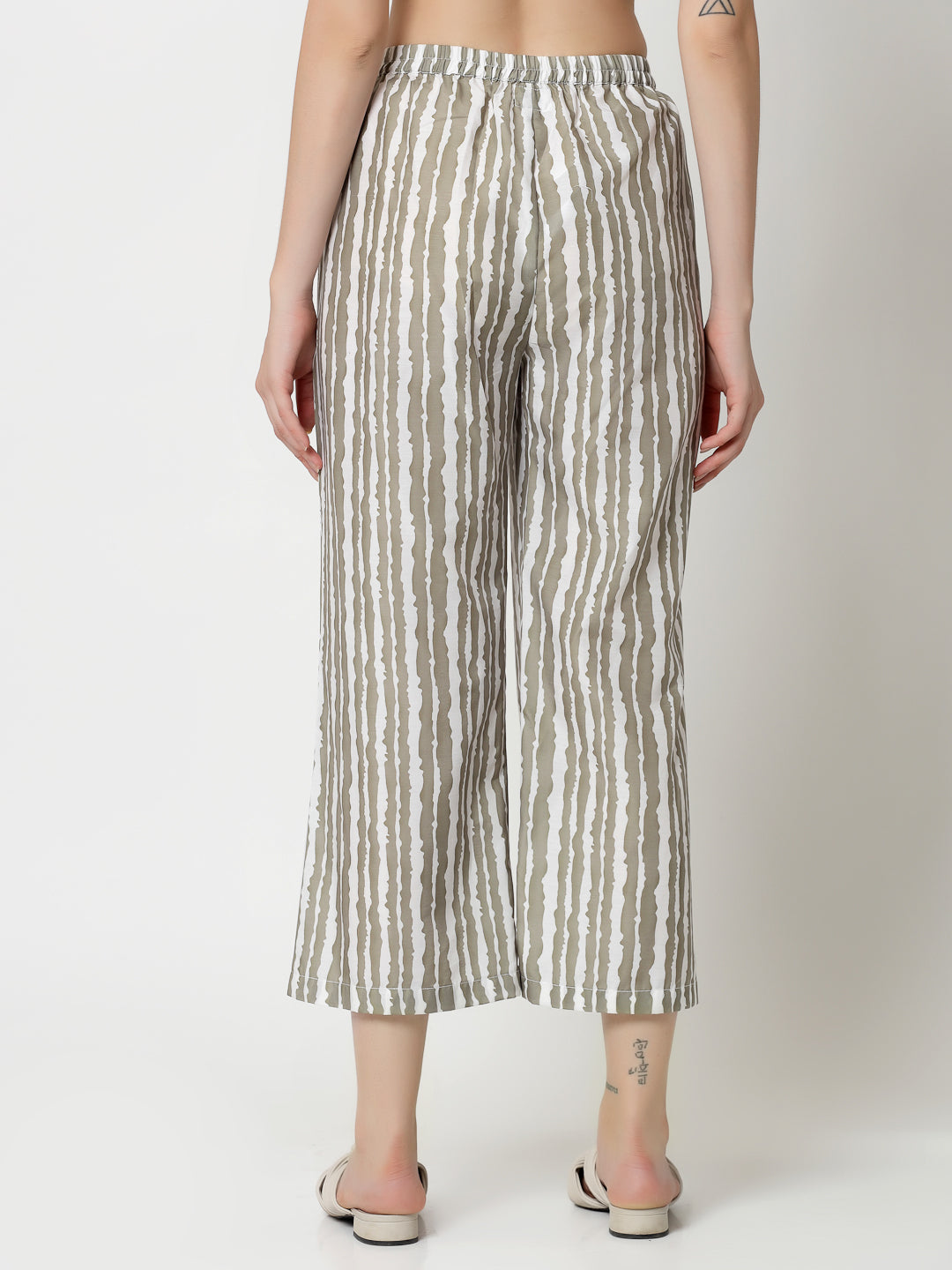 Olive & White Stripe Plazzo for Females -6