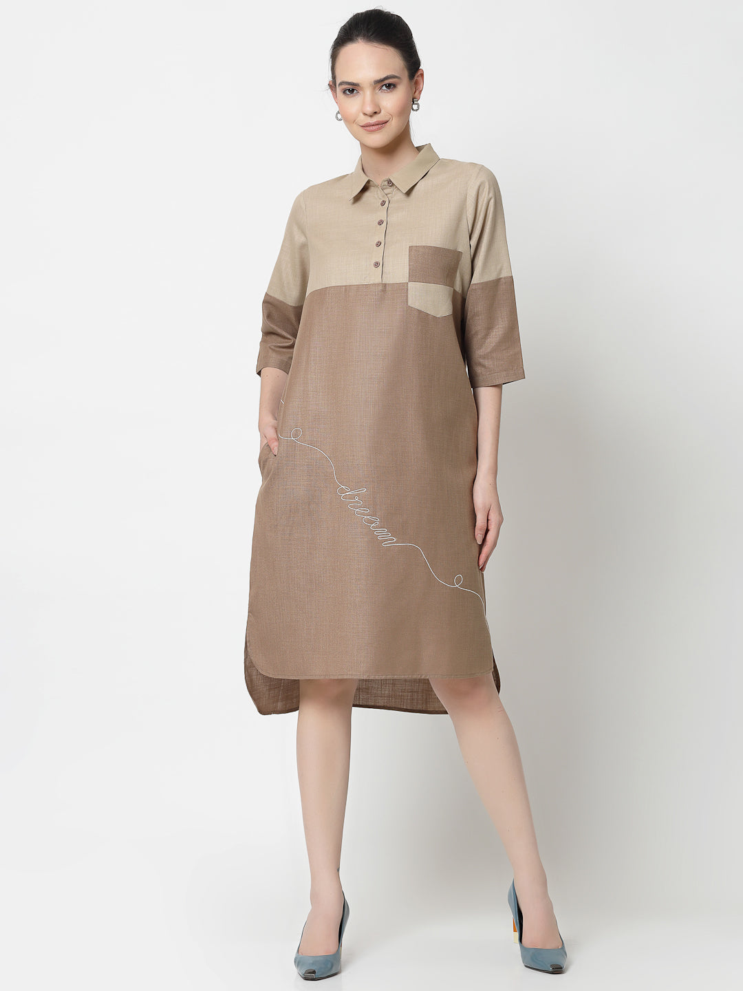 Beige Double Colour Dress With Embroidery