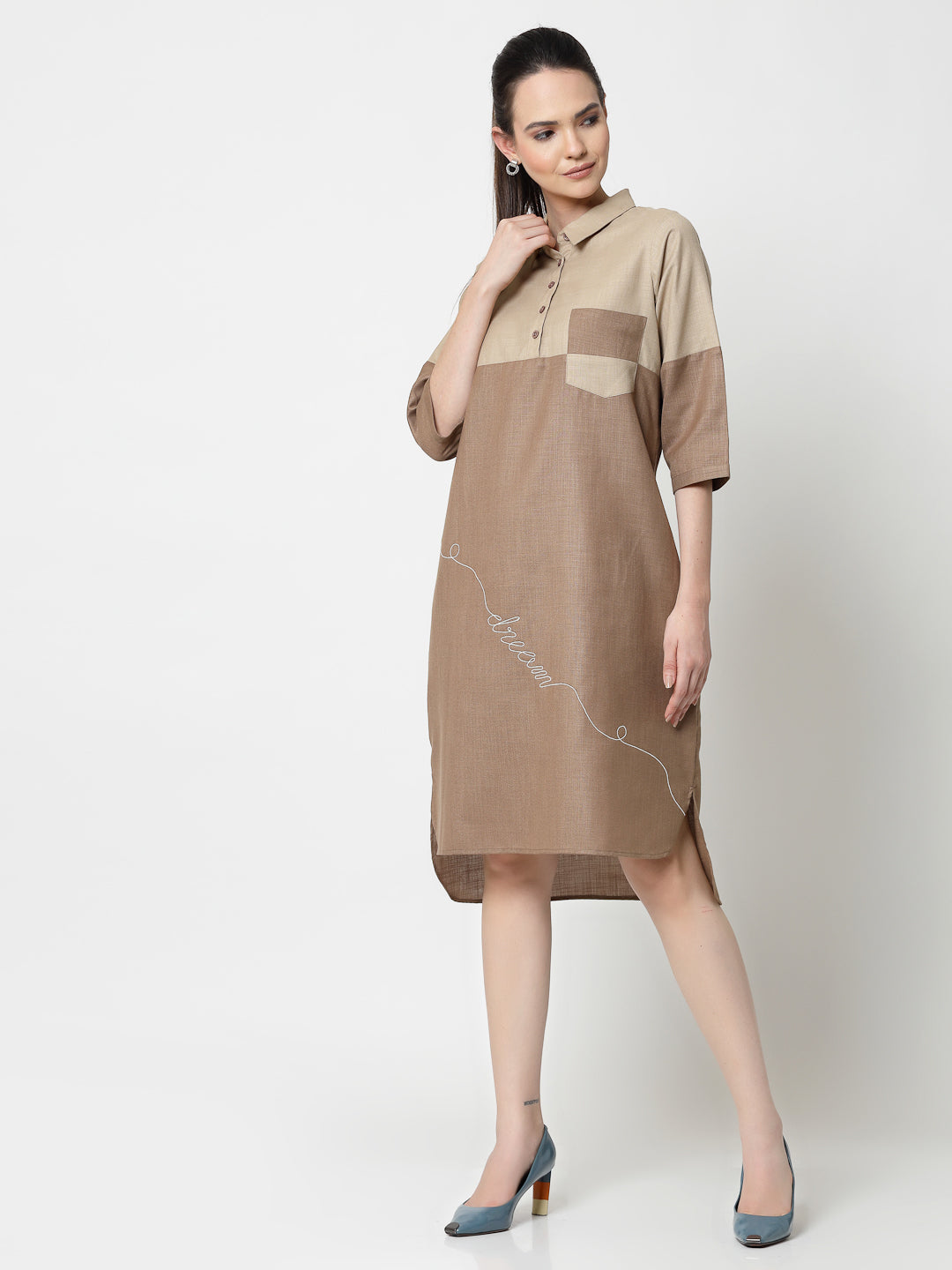 Beige Double Colour Dress With Embroidery