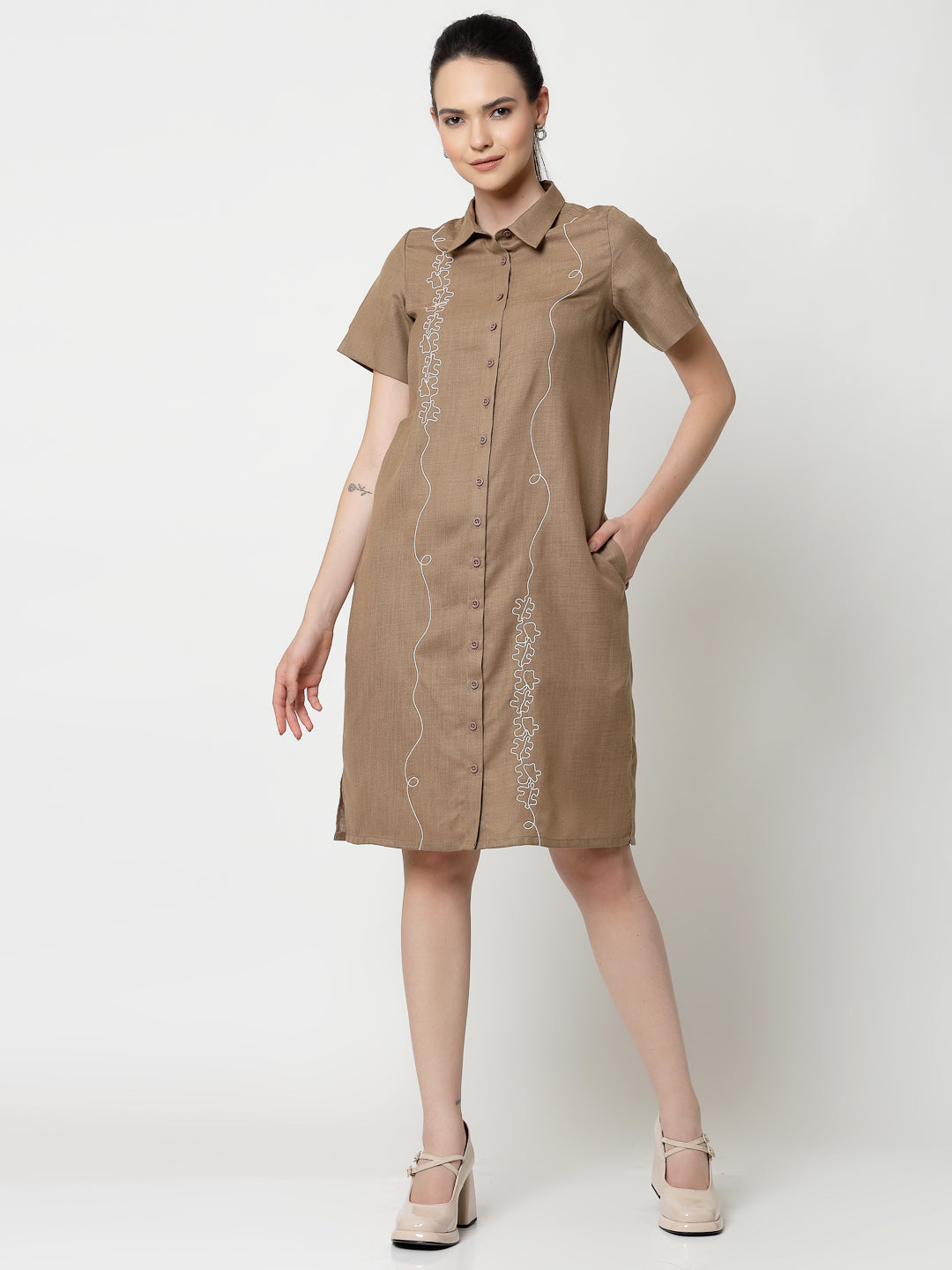 Dark Beige Long Tunic for Women Workwear-4