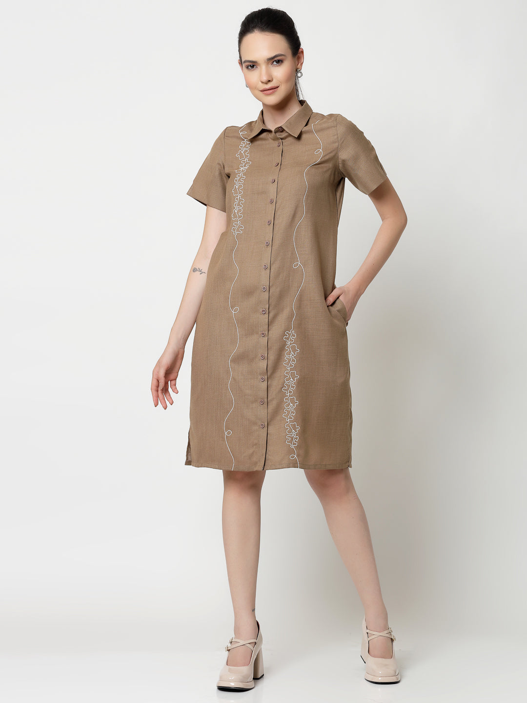 Dark Beige Long Tunic With Puzzle Embroidery